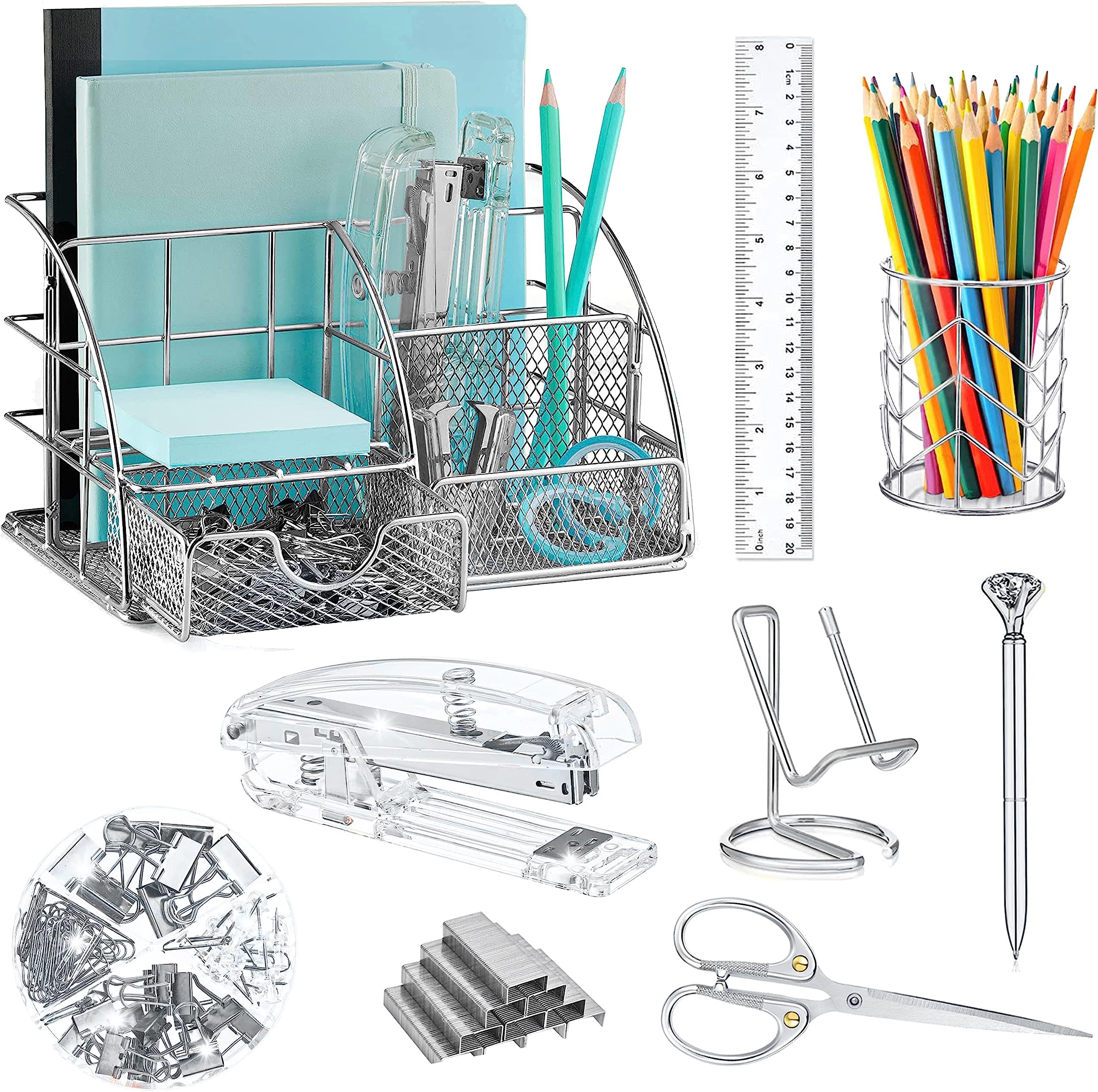 KAAKOW Silver Desk Organizers and Accessories Office Supplies Set Stapler, Pen Holder, Phone Holder, Scissors, Pen, Ruler, 30 Paper Clips, 22 Binder Clip, 20 Tacks and 1000pcs Staples