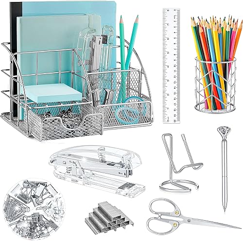 KAAKOW Organizador de escritorio plateado y accesorios de oficina, juego de grapadora, soporte para bolígrafos, soporte para teléfono, tijeras,