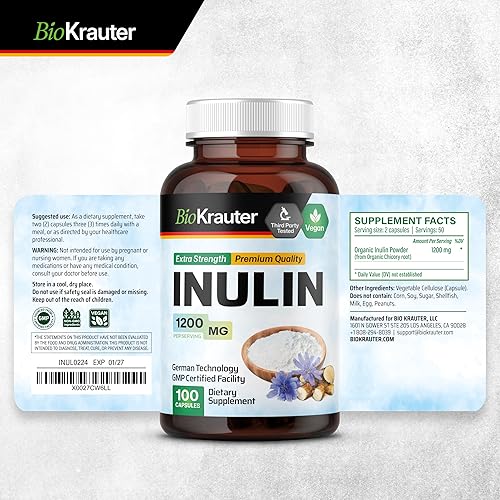 Miniatura 8 de BIO KRAUTER Polvo de inulina de raíz de achicoria en cápsulas de 1200 mg por porción, 100 unidades, fibra prebiótica de inulina vegana y pura para