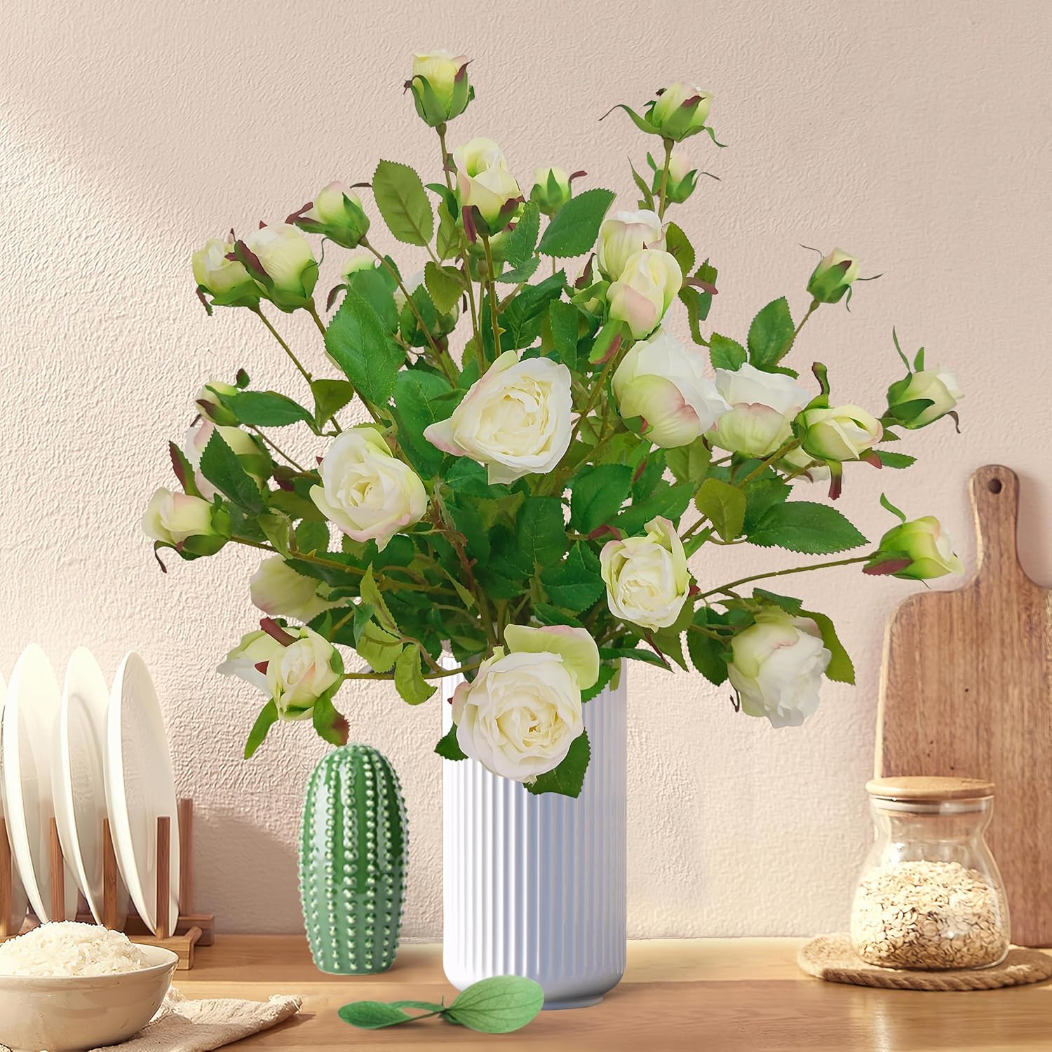 ATFL 6 Pcs Ivory Rose Artificial Flowers Real Look, 25.6'' Fake Faux Silk Roses with Long Stems for Tall Vase,Ivory Flower Bouquet for Home Decor,Flores Irosas Artificiales para Decoracion - Image 6