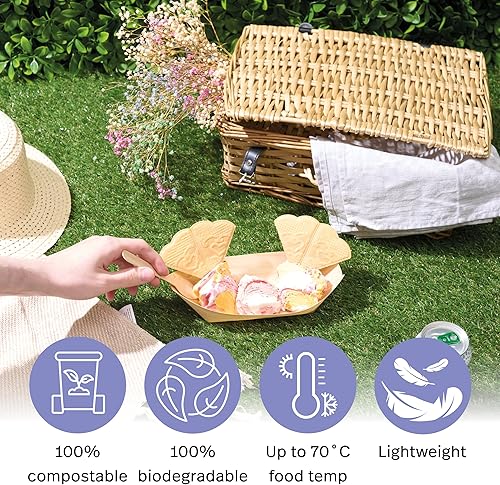 Miniatura 4 de MATANA Paquete de 100 platos de bambú grandes desechables de 8.3 pulgadas  Bandeja biodegradable para servir sushi, platos de papel de madera para