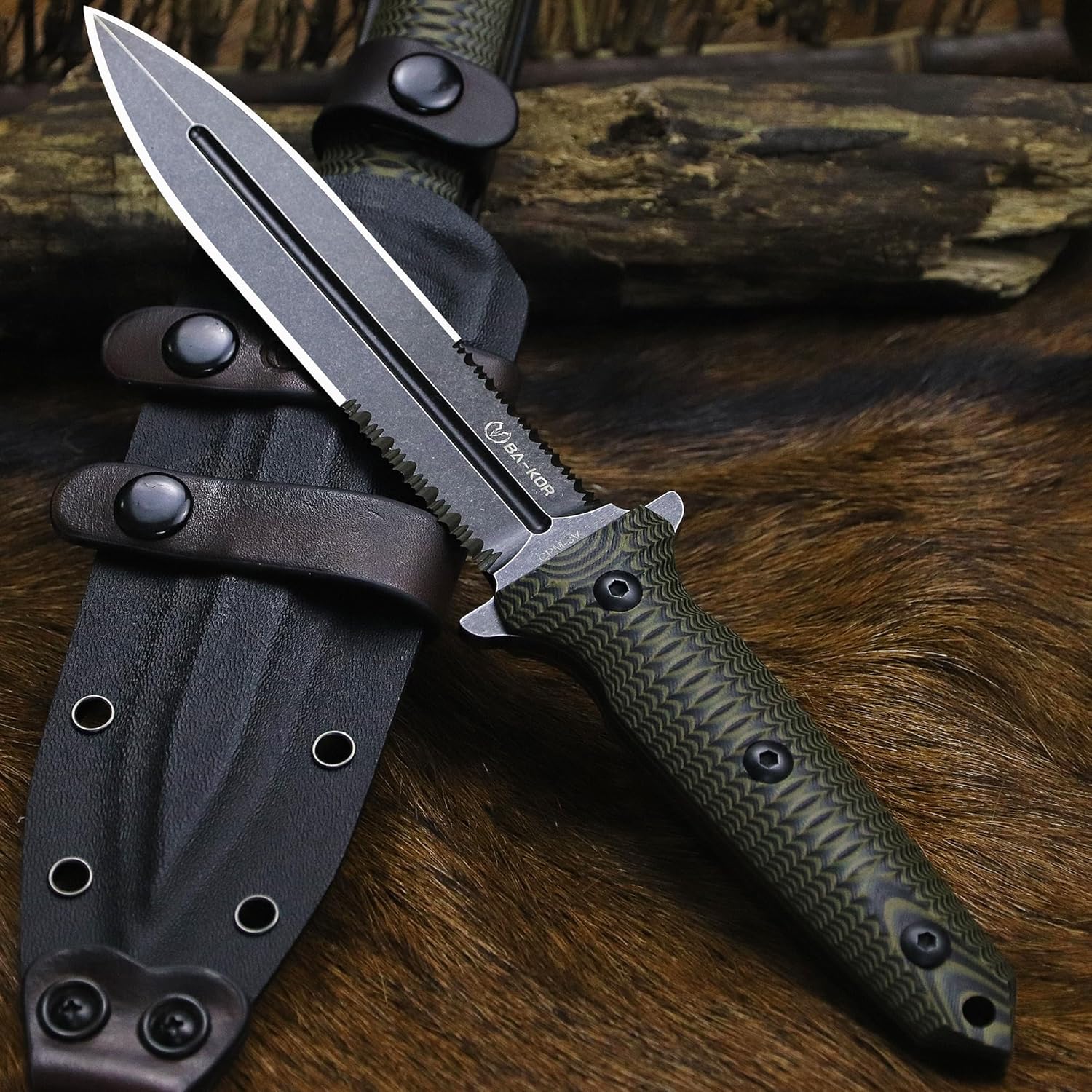 BA-KOR 11.4” Fixed Blade Hunting Knife, CPM 3V Steel Full Tang Survival Knife, 5mm Thick Stonewashed Dual Edge with Partial Serration, G10 Handle, Leather Kydex Sheath & 5.9” Fire Starter