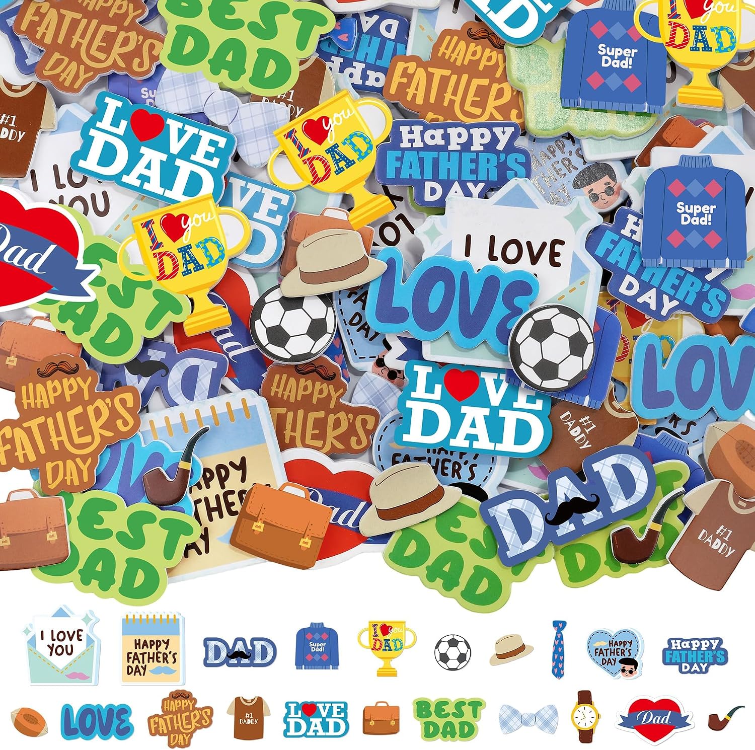 Fovths 400 Pieces Father's Day Foam Stickers, DIY Craft Decorations Party Supplies, Heart Envelope Football Beard Tie Adhesive Craft Stickers for Scrapbooks Bottles Father's Day DIY Gift Cards Crafts