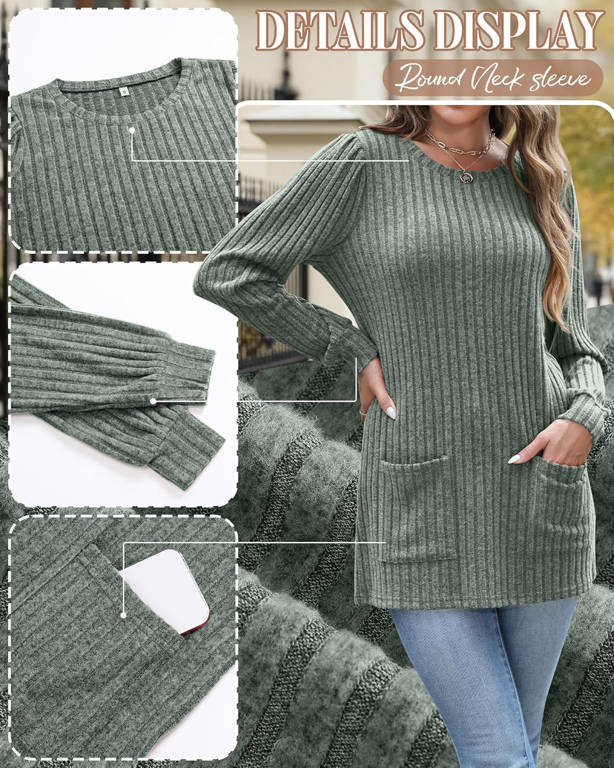 3 Pack Women's Long Sweaters with Pockets, Puff Long Sleeve Tunic Tops Crew Neck Ribbed Pullovers for Leggings - Image 2