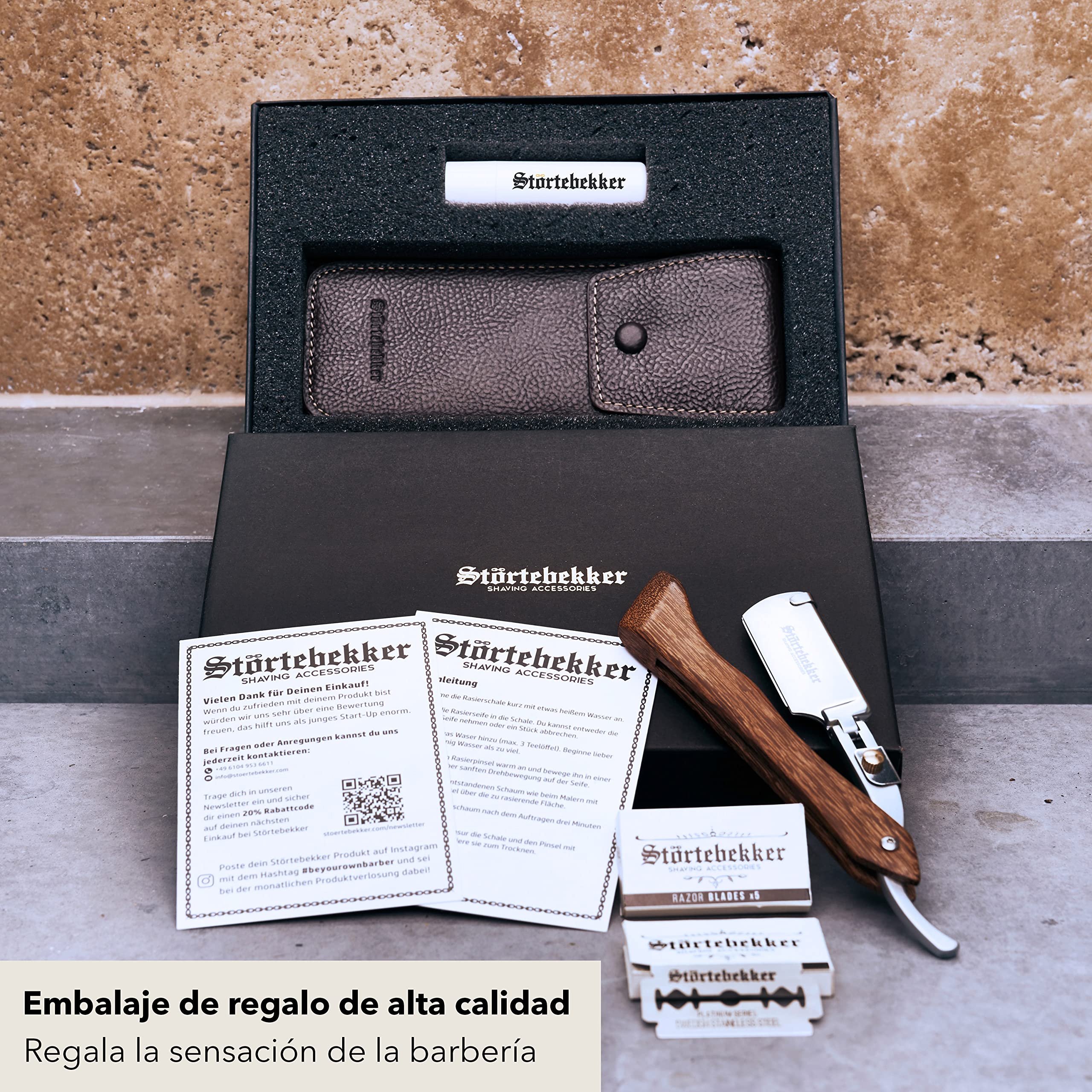 Störtebekker® Navaja de afeitar con mango de madera en estuche de cuero - incluido lápiz de alumbre y 10 cuchillas Störtebekker - Set de navaja de afeitar (Madera - Café)