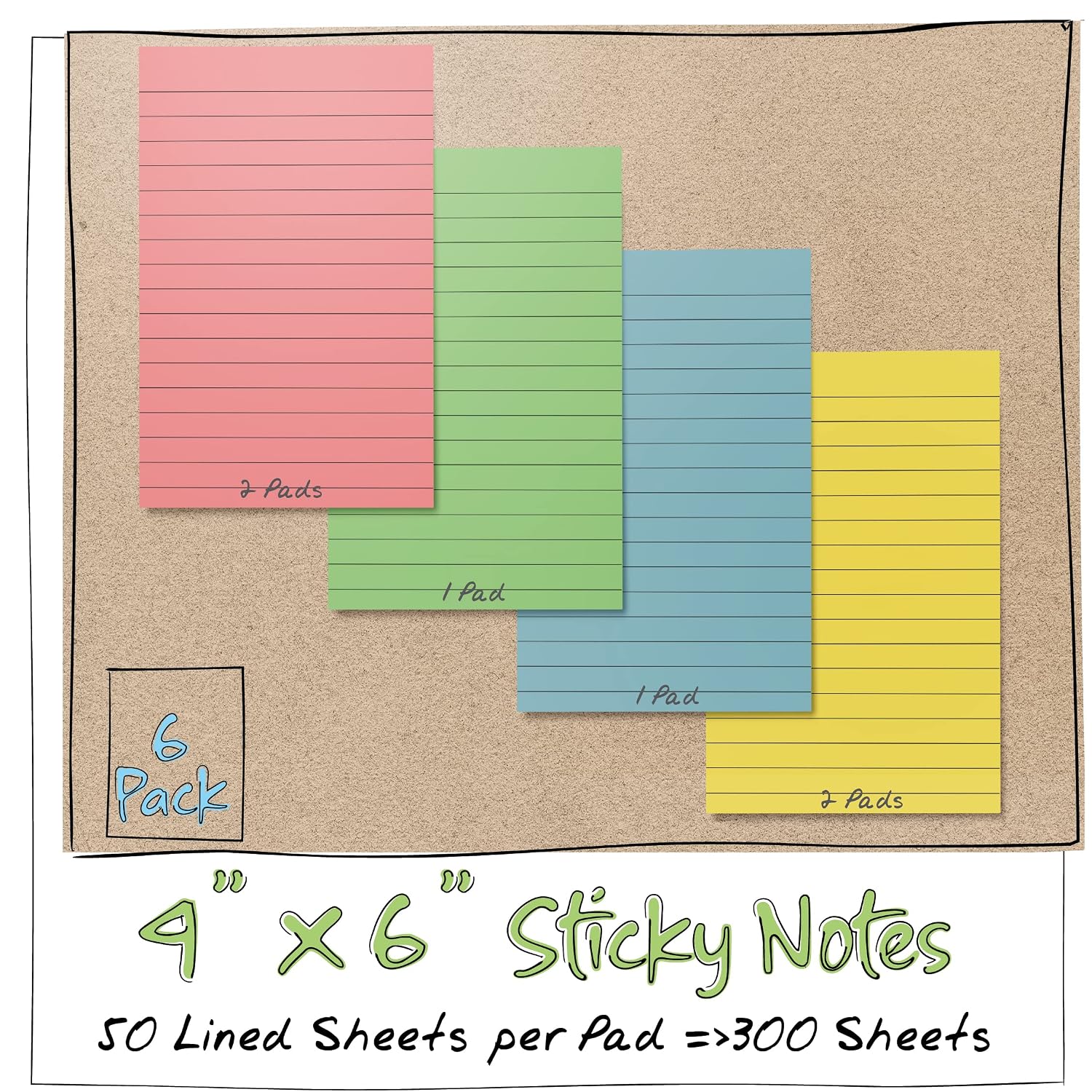 Better Office Products Lined Sticky Notes, 4 x 6, 6 Pack, 300 Sheets (50/Pad), Self Stick Notes with Lines, 4 Assorted Pastel Colors, Post Memos, Strong Adhesive, 6 Pads image 5
