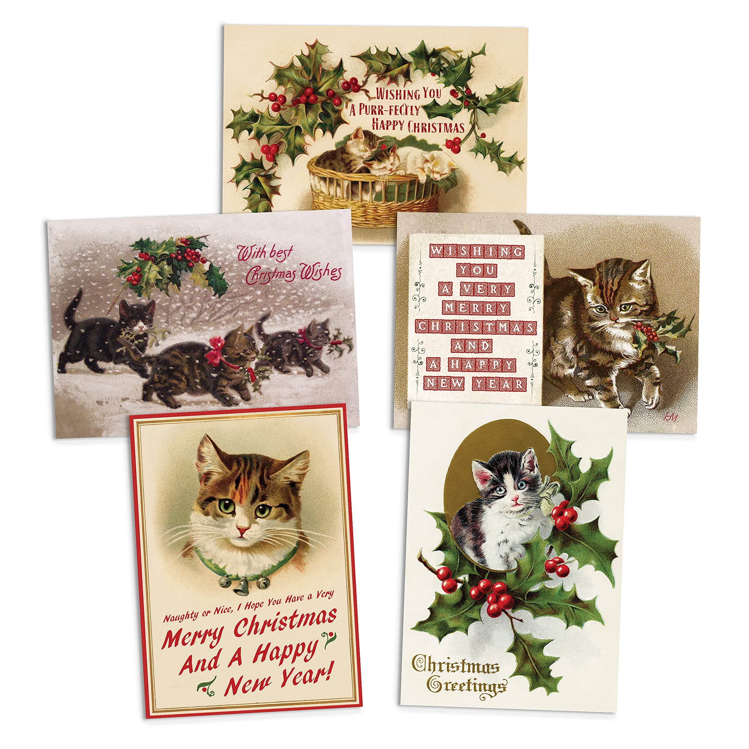 Christmas Greeting Card with Envelope Cats Kittens Vintage Retro Victorian Cute (Pack Set of 5 Cards #2)