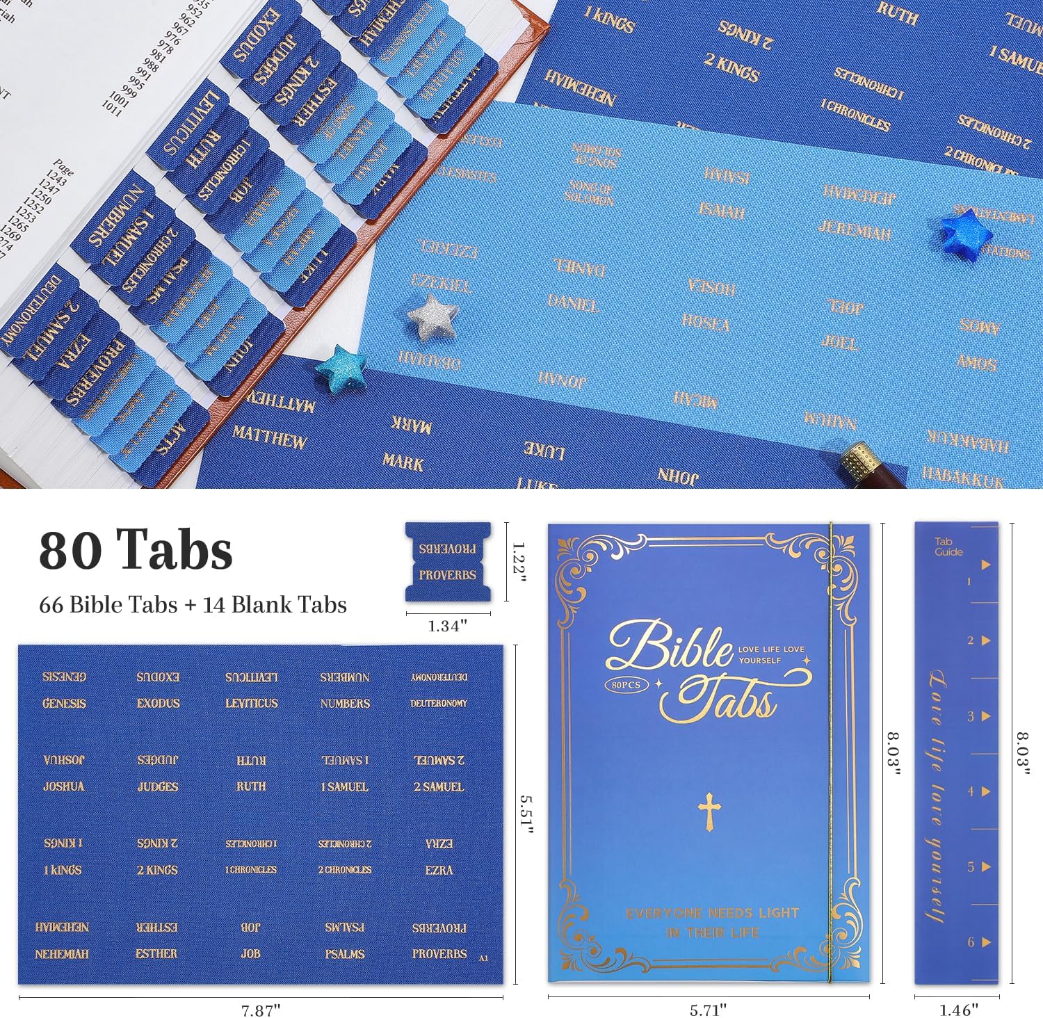 Fabric Bible Tabs, 80 Pcs Blue Cloth Gold Foil Index Tabs with Ruler - 66 Books Chapters & 14 Blank DIY Index Stickers, Bible Journaling Study Supplies, Premium Christian Gift Set for Men and Women image 3