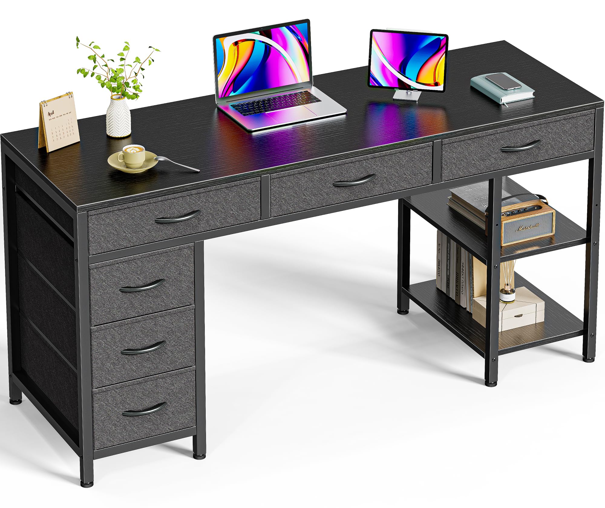 Photo 1 of Computer Desk with 6 Drawers, 54 Inch Office Desk with Shelves, Reversible Gaming Desk, Corner Desk with Storage, Work Desk for Home Office, Study, Living Room, Black 54 inch Black