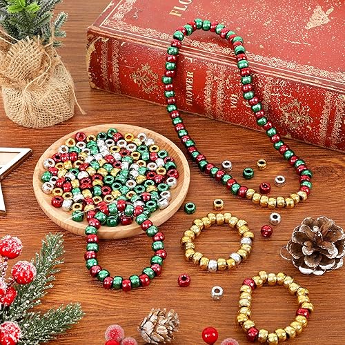 Miniatura 5 de Whaline 1200 cuentas de poni de Navidad con cuerda elástica rojo verde plata oro cuentas de plástico para hacer joyas collar pulsera bricolaje