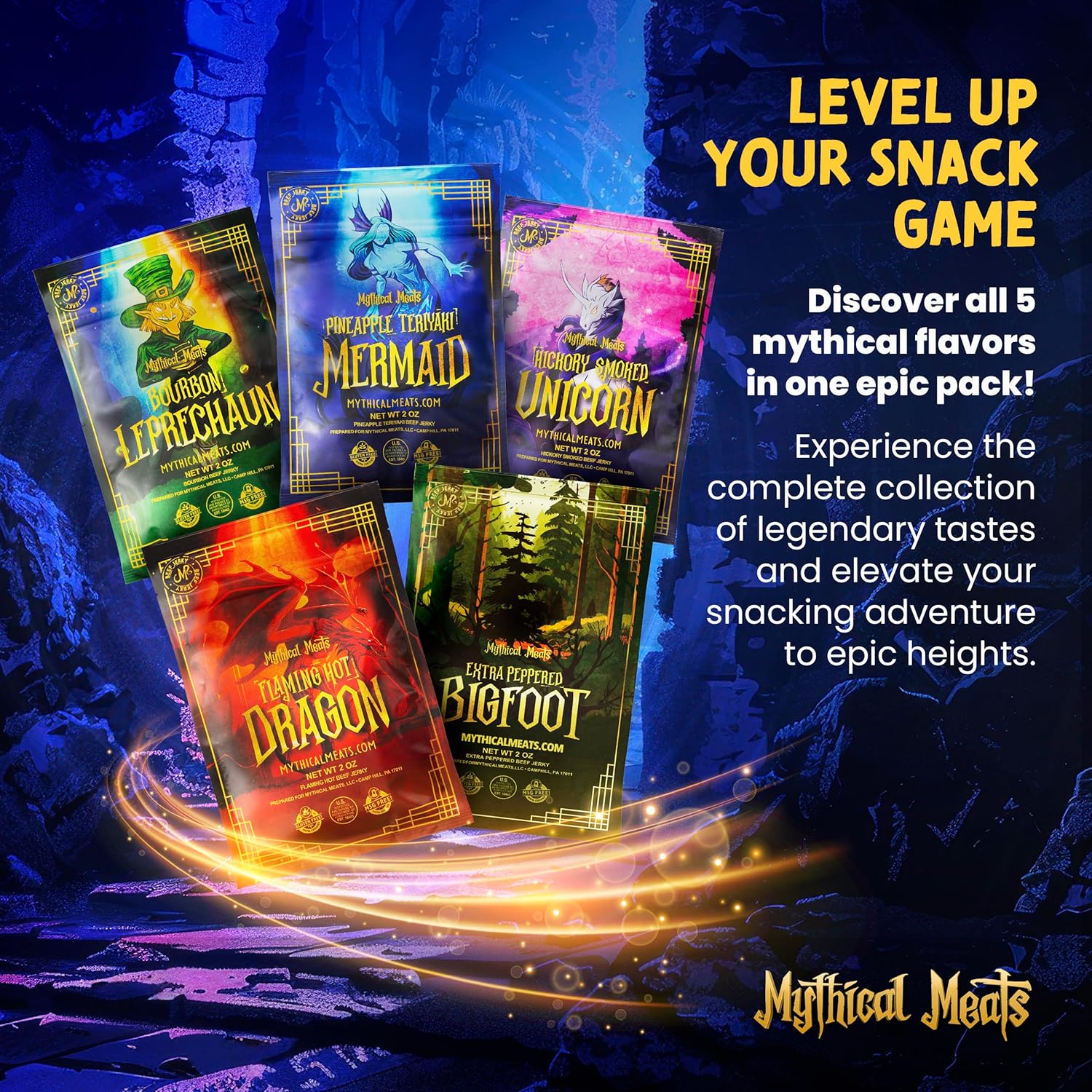 Mythical Meats Exotic Beef Jerky Sampler Pack - 5 Unique Flavors, 2 Oz Snack Bags of Hand-Cut Premium Jerky, MSG Free