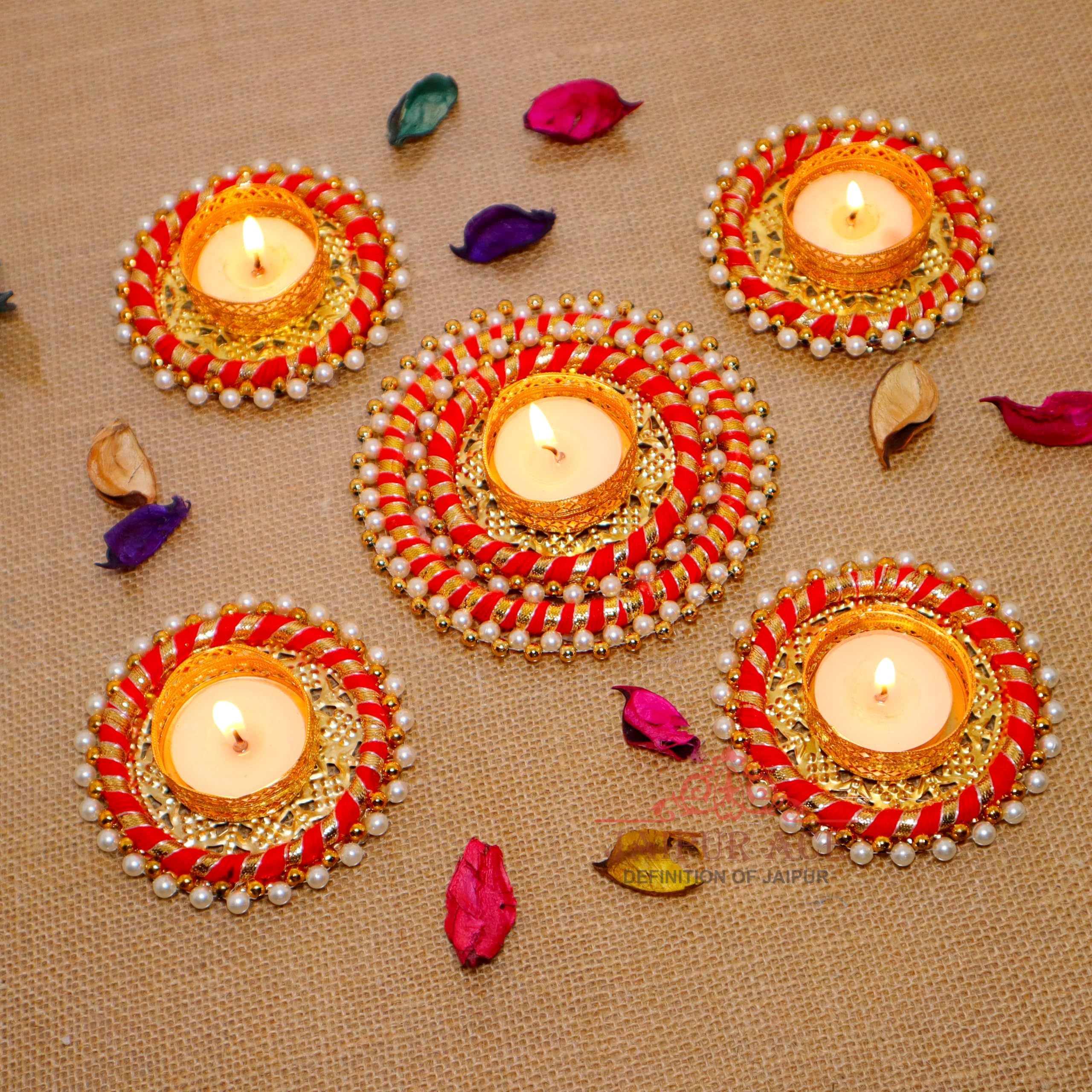 Jaipur Ace Decorative Diwali Tealight/Diya Set for Home Decoration | Traditional Handmade Rangoli Tealight Tealight/Candles Set for Diwali Ganesh Chaturthi Laxmi Pooja (Set of 5)