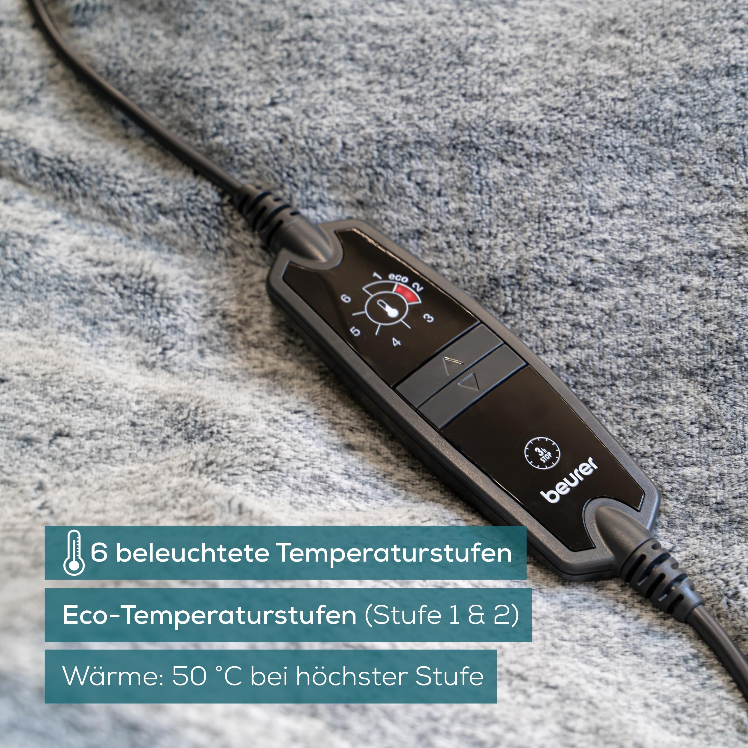 Beurer HD 75 Nordic Grey Heizdecke, Wärmedecke hergestellt aus recyceltem Material, kuschelig weich, 6 Temperaturstufen, maschinenwaschbar, Abschaltautomatik, 180 x 130 cm