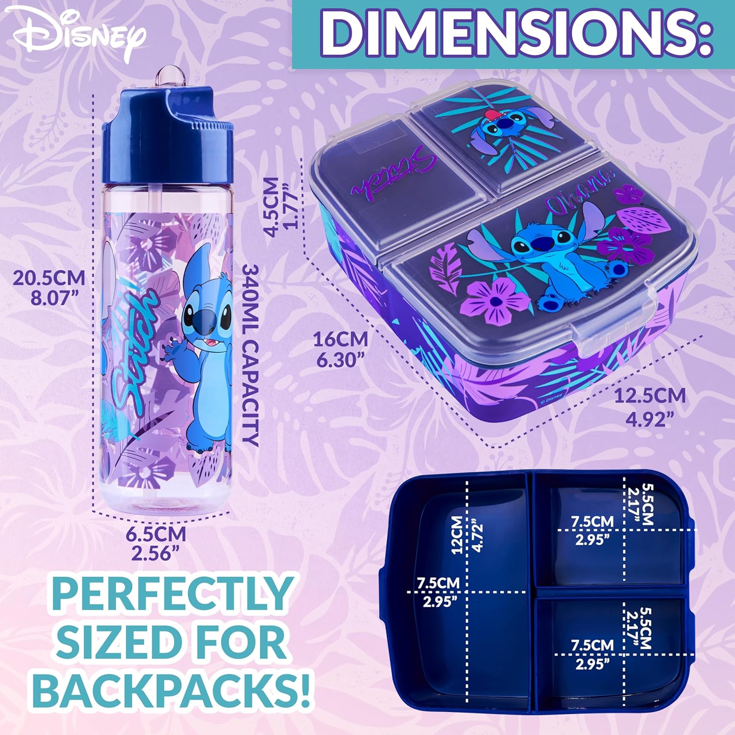 Disney Stitch Kids Lunch Box with Compartments and Water Bottle for School (Blue/Purple)