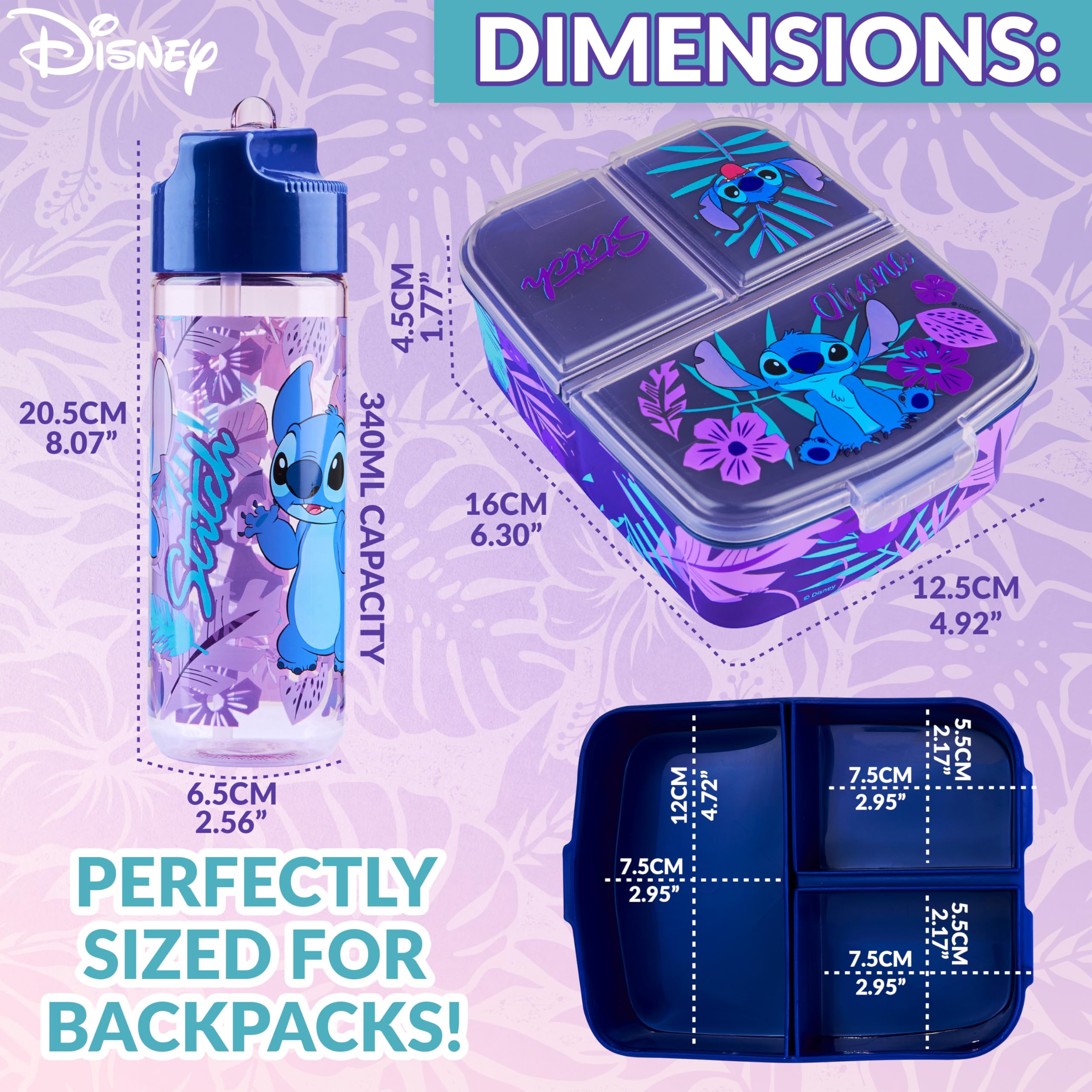 Disney Stitch Boîte à Goûter Enfant avec Compartiments et Gourde Bleu/Violet