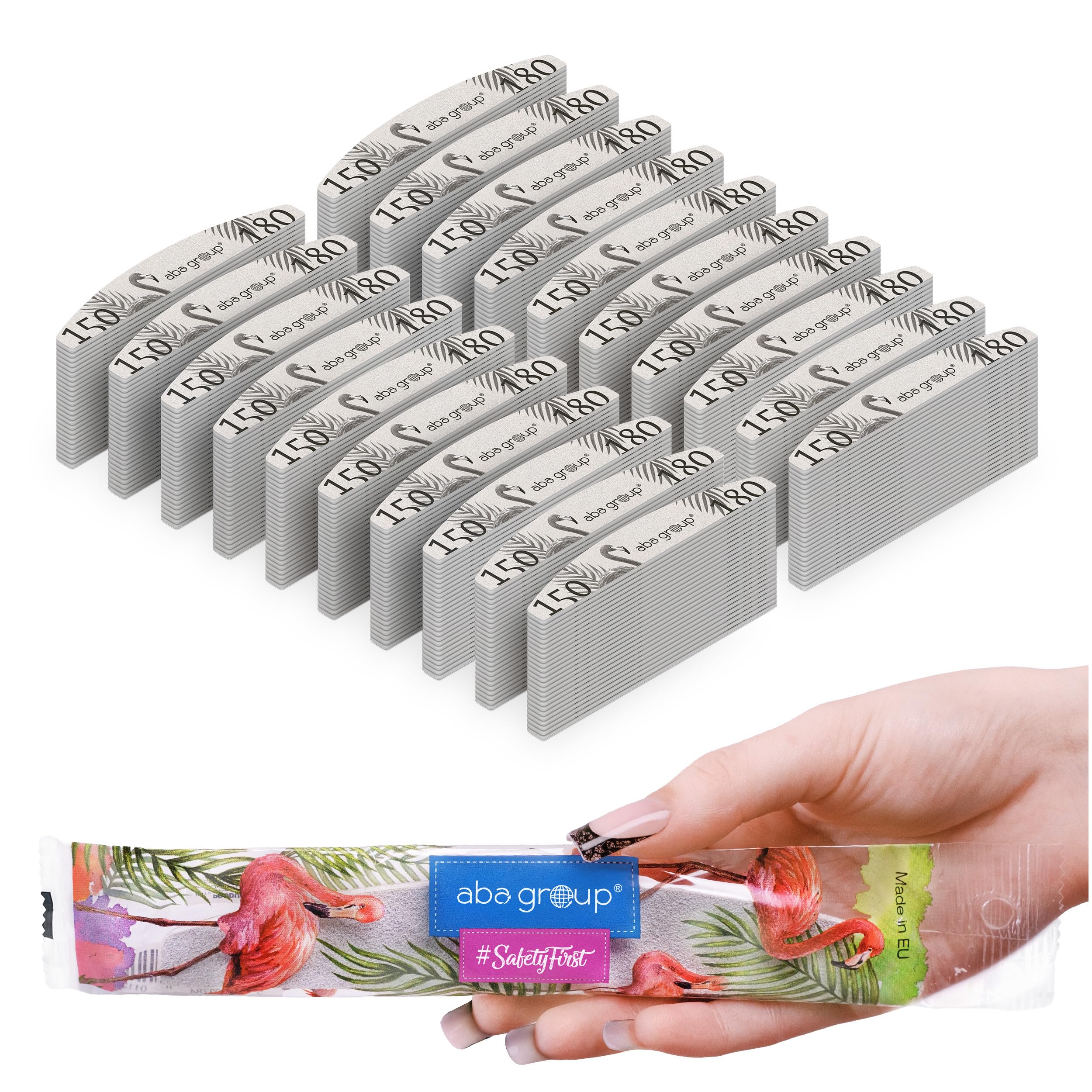 ABA GROUP Nagelfeile 150/180-500 Stück - Halbmond 4 mm Dick - Einzeln Hygienisch Verpackt - Profi Tools für Gel- und Naturnägel, Feilen für Gelnägel, Doppelseitige Nagelpfeile, Nail File Set