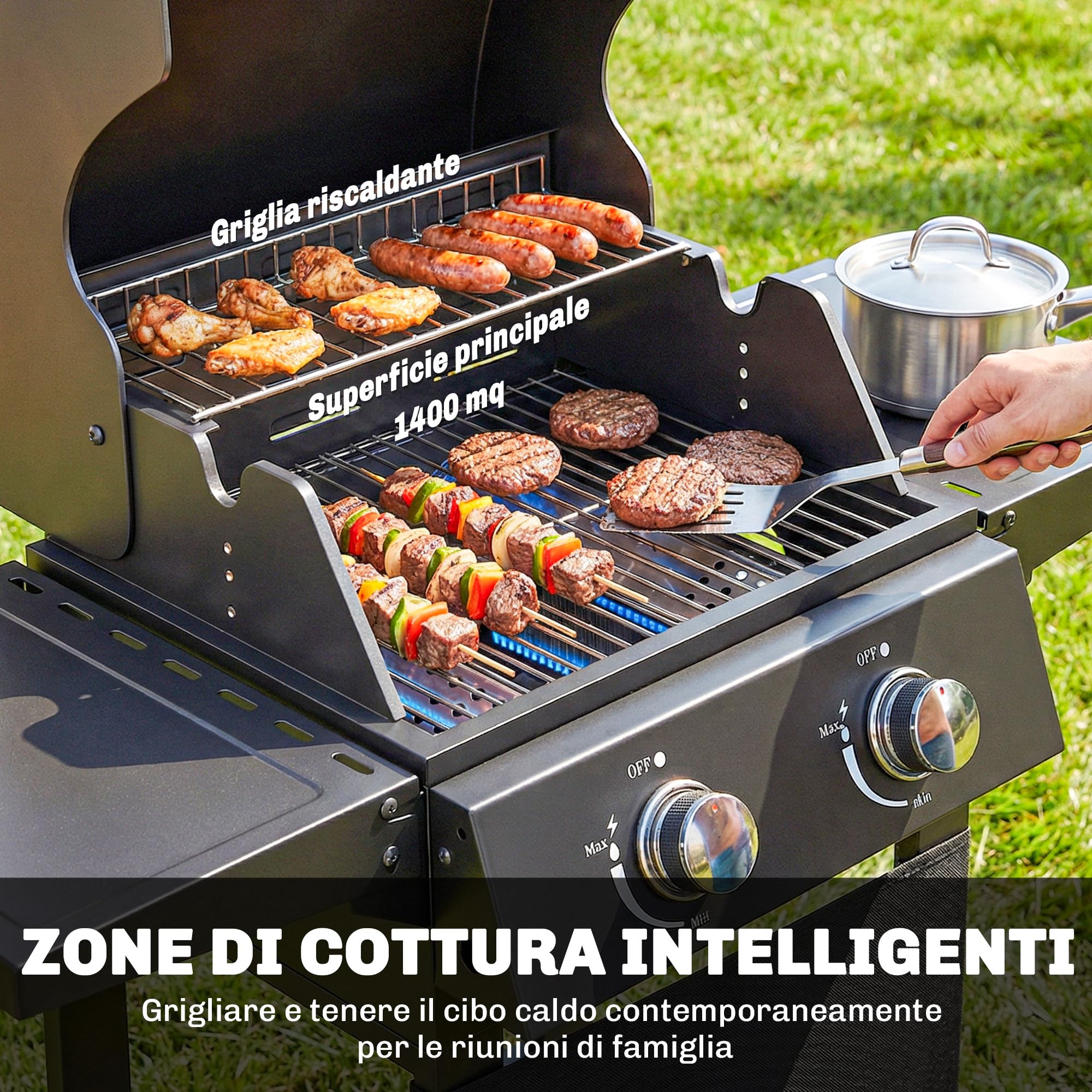 Outsunny Barbecue a Gas 2 Bruciatori 5.4 KW BBQ Portatile con Griglia Ripiani Pieghevoli Coperchio Termometro Ruote Nero