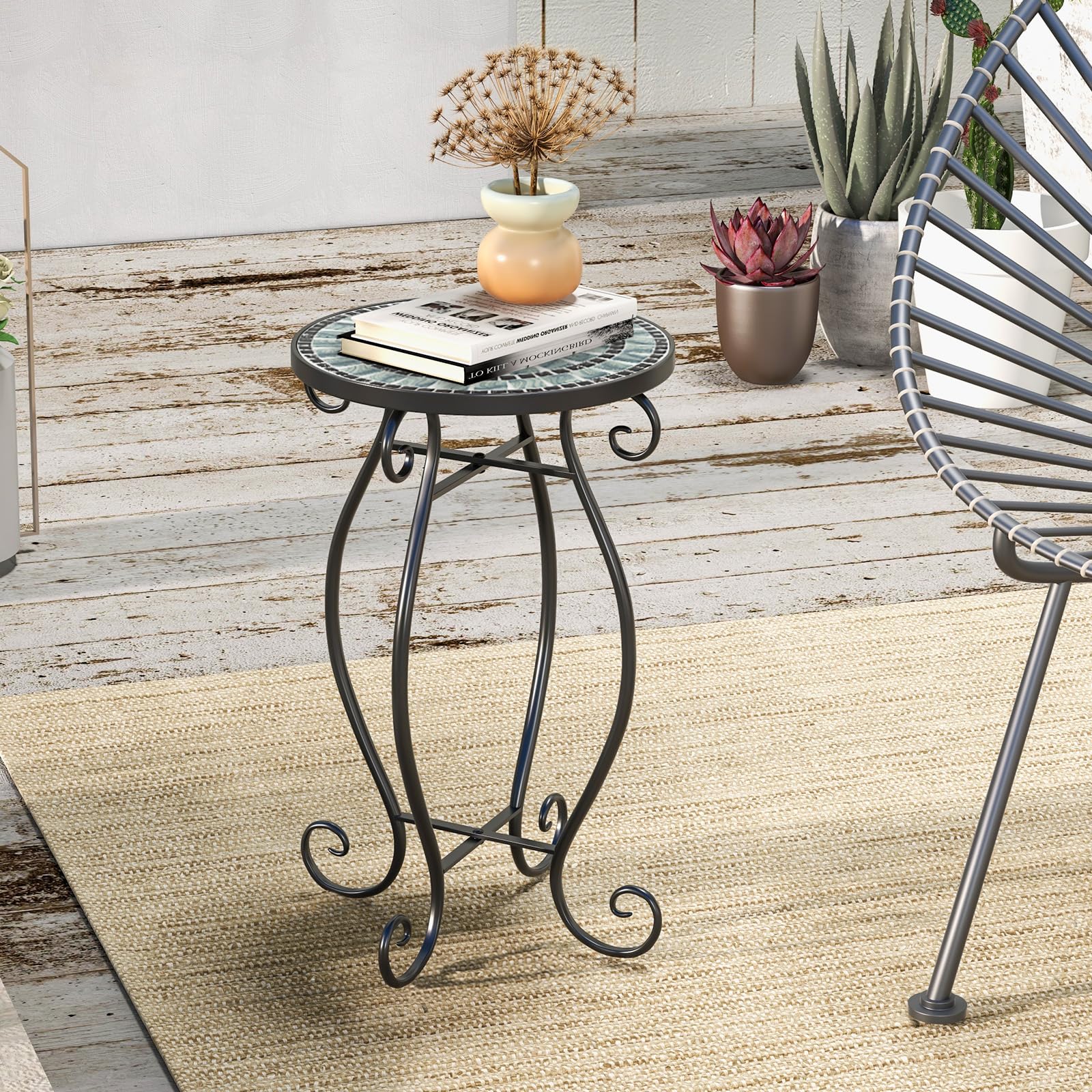 GYMAX Tavolino da Esterno ∅30 x 50 cm Mosaico, in Metallo, Rotondo,Ideale per Giardino, Balcone, Cortile e Bar (Stile 3)