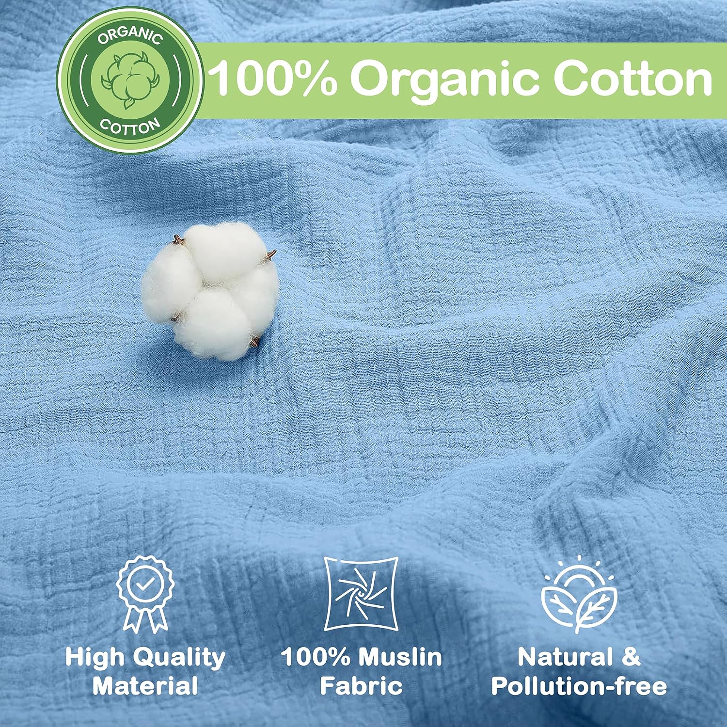 100% Organic Cotton Muslin Baby Blanket - 47 x 47 Inch Breathable Muslin Swaddle Blanket, Hypoallergenic Double-Layer, Soft and Cozy Blankets for Sleeping & Everyday Use (Slate/Aquarius)
