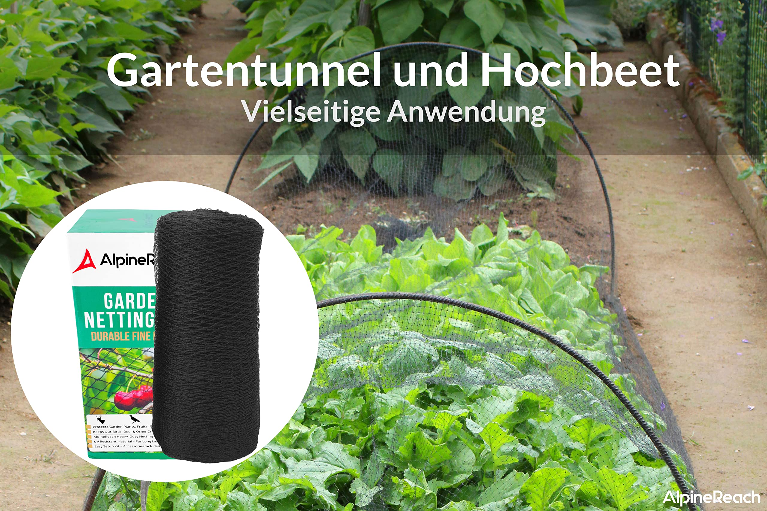 AlpineReach 2m x 20m Vogelschutznetz Gartennetz Feinmaschig (15 x 15mm) Extra Stark Gewebtes Netz, Vogelnetz, Obstbaumnetz, Katzennetz, engmaschig Laubnetz, Kabelbinder, Wiederverwendbar, Schwarz