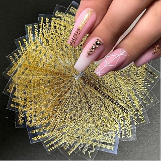 30 Sheets Gold Lace Nail Art Stickers - Baroque Line Nail Decals Self-Adhesive 3D Nail Decals for DIY Golden Manicure