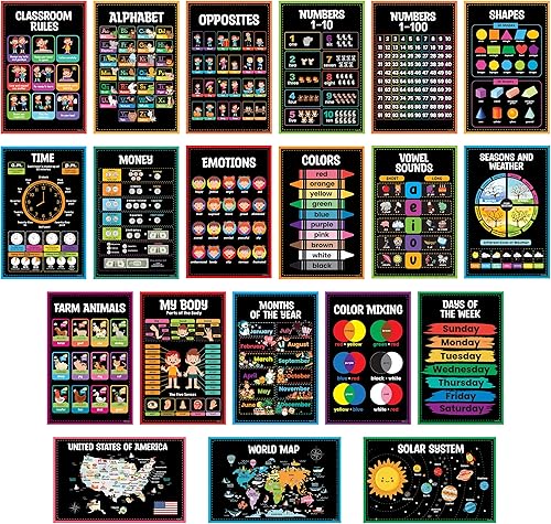 Decorably Carteles preescolares para aula, 20 pósteres de prekínder, 11 x 17 pulgadas, pósteres de aprendizaje para niños pequeños de 1 a 3 años,
