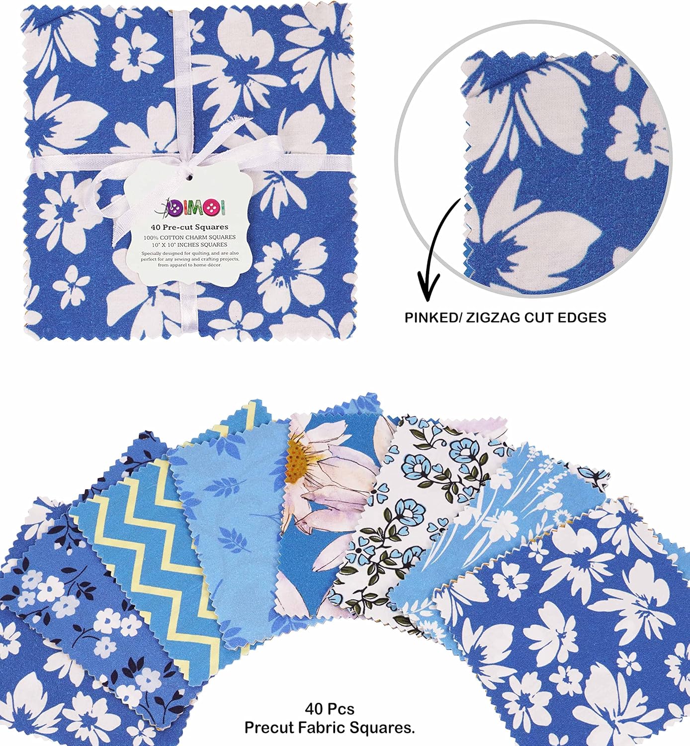 Soimoi Precut 10-inch Florals Prints Cotton Fabric Bundle Quilting Squares Charm Pack DIY Patchwork Sewing Craft- Mustard- Blue- White