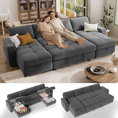 Vipbear Sectional Sleeper Couch with Pull Out Sofa Bed, U Shaped Plush Corduroy Couch with Reclining Backrest & 2 Storages & USB Charging, Convertible Cloud Sectional Sofa Bed for Living Room, Grey | Breathable material, Tool-Free Assembly, Reclining Backrest