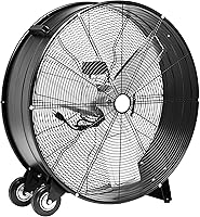 Amazon Basics 30-Inch 300W Industrial Drum Fan - Heavy-Duty Metal, 12,480 CFM High Velocity, 2 Speeds, UL Certified, Wheels, Black