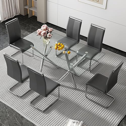 Miniatura 30 de Juego de 6 mesas de comedor de cristal, moderno juego de mesa de comedor de 71 pulgadas con 6 sillas de comedor tapizadas de piel sintética para