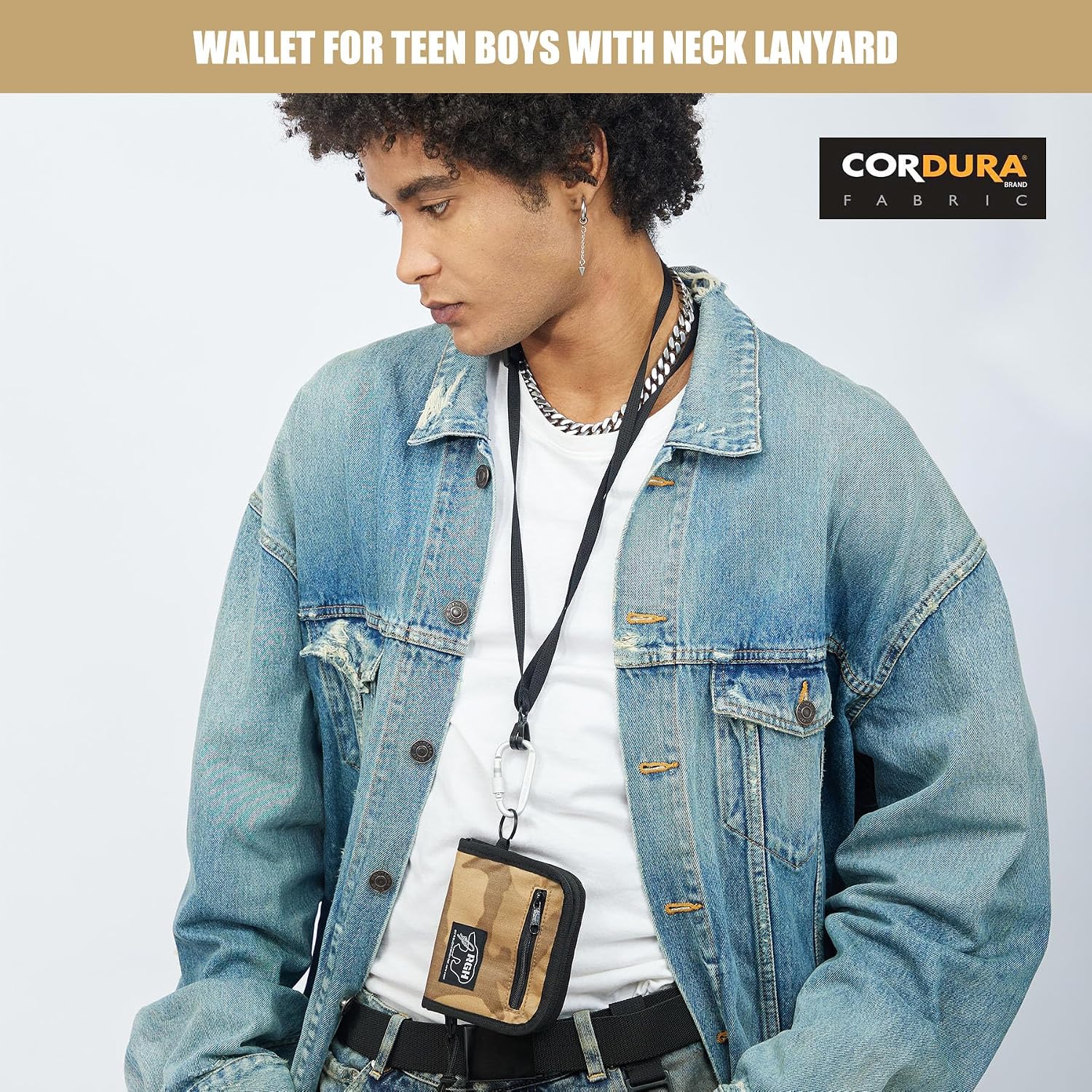 Rough Enough Boys Wallet for Teen Kids Men Neck Lanyard Card Holder Wallet with Zipper Keychain Coin Purse Desert Camo Cordura