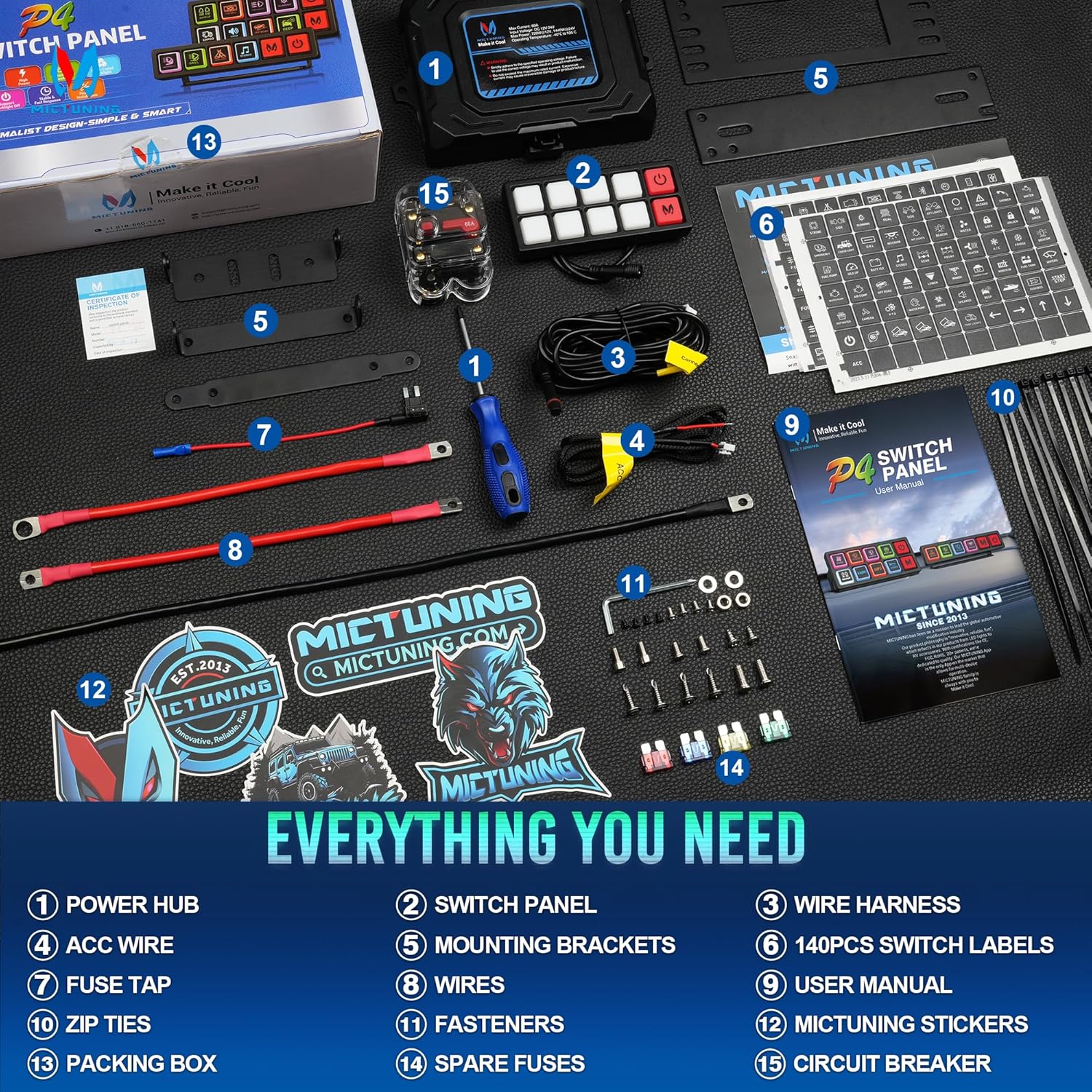 MICTUNING P4-NEON 8 Gang Switch Panel, Color-Coded Backlit Silicone Buttons, Universal Relay Control System with 60A Circuit Breaker, On-Off Toggle Touch Pod