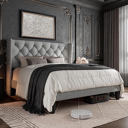 Base de cama tamaño Queen con cabecera capitoné con botones, plataforma tapizada con almacenamiento debajo de la cama, soportes de listones de Gris