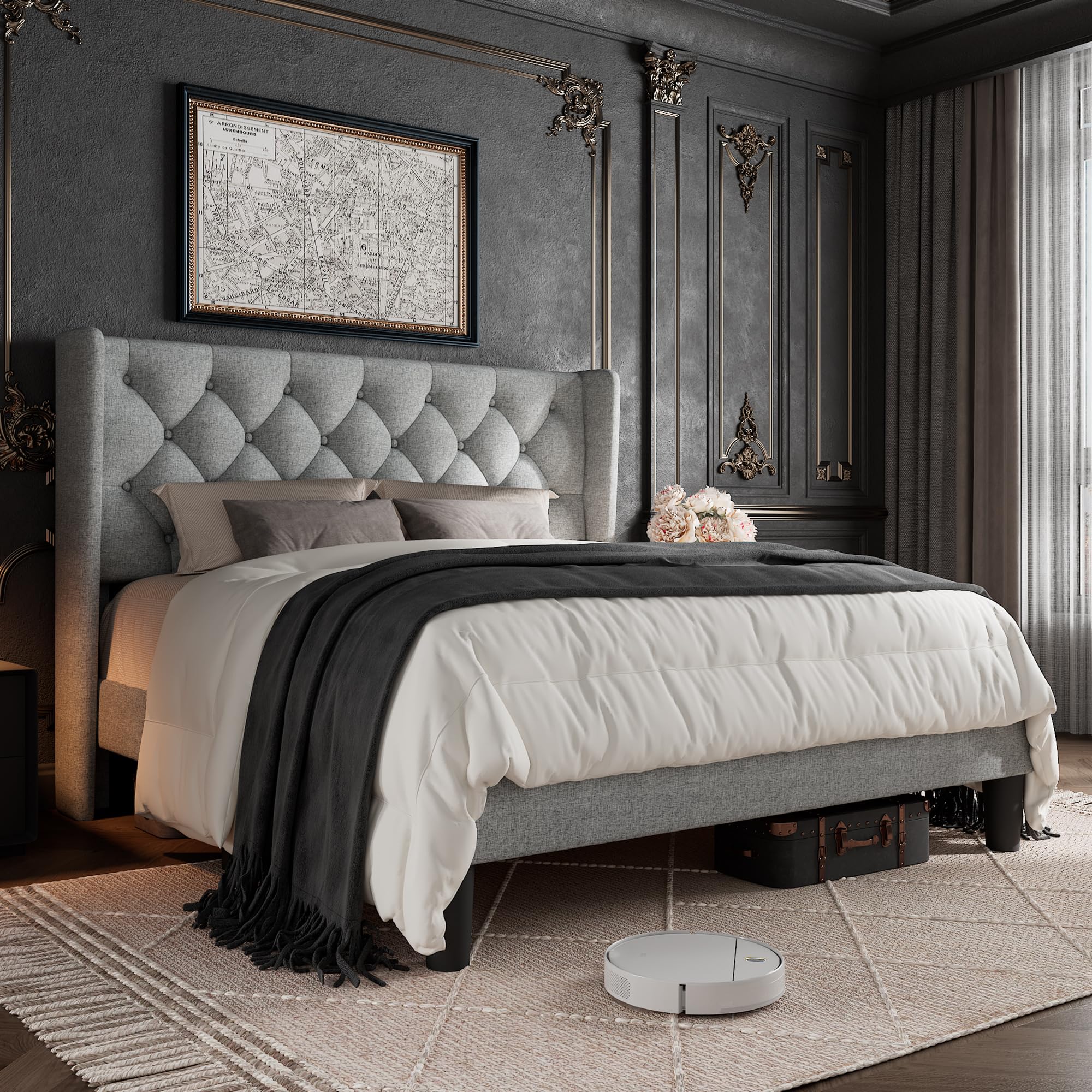 GalnFu Full Size Bed Frame with Button Tufted Headboard, Upholstered Platform Bed Frame with UnderBed Storage, Wooden Slats Supports, Noise Free, No