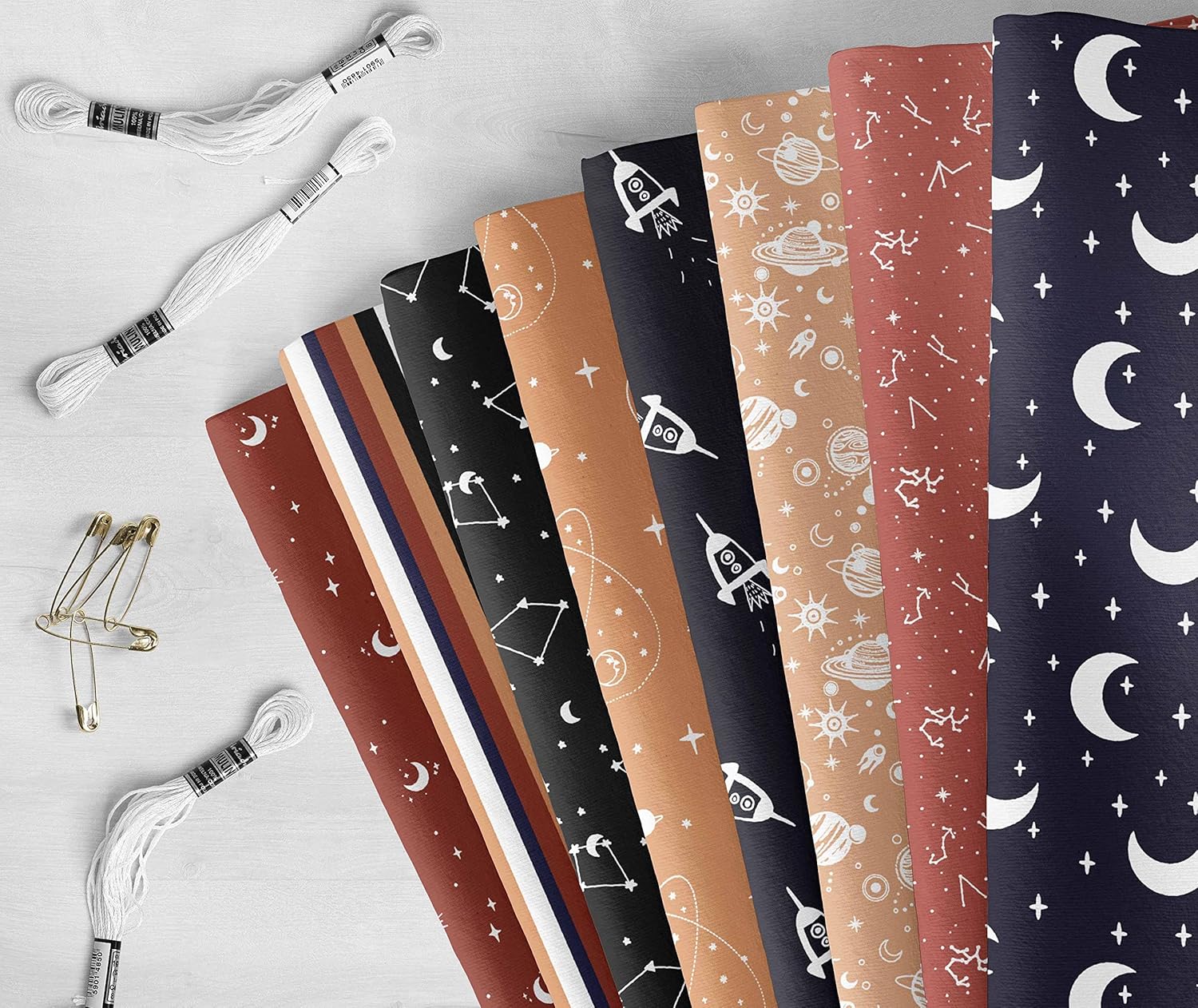 Soimoi 8 Pc Fat Quarter Bundle, Celestial Print 18"x 22" DIY Patchwork- 100% Cotton Pre-Cut Quilting Fabric Blue & Brown