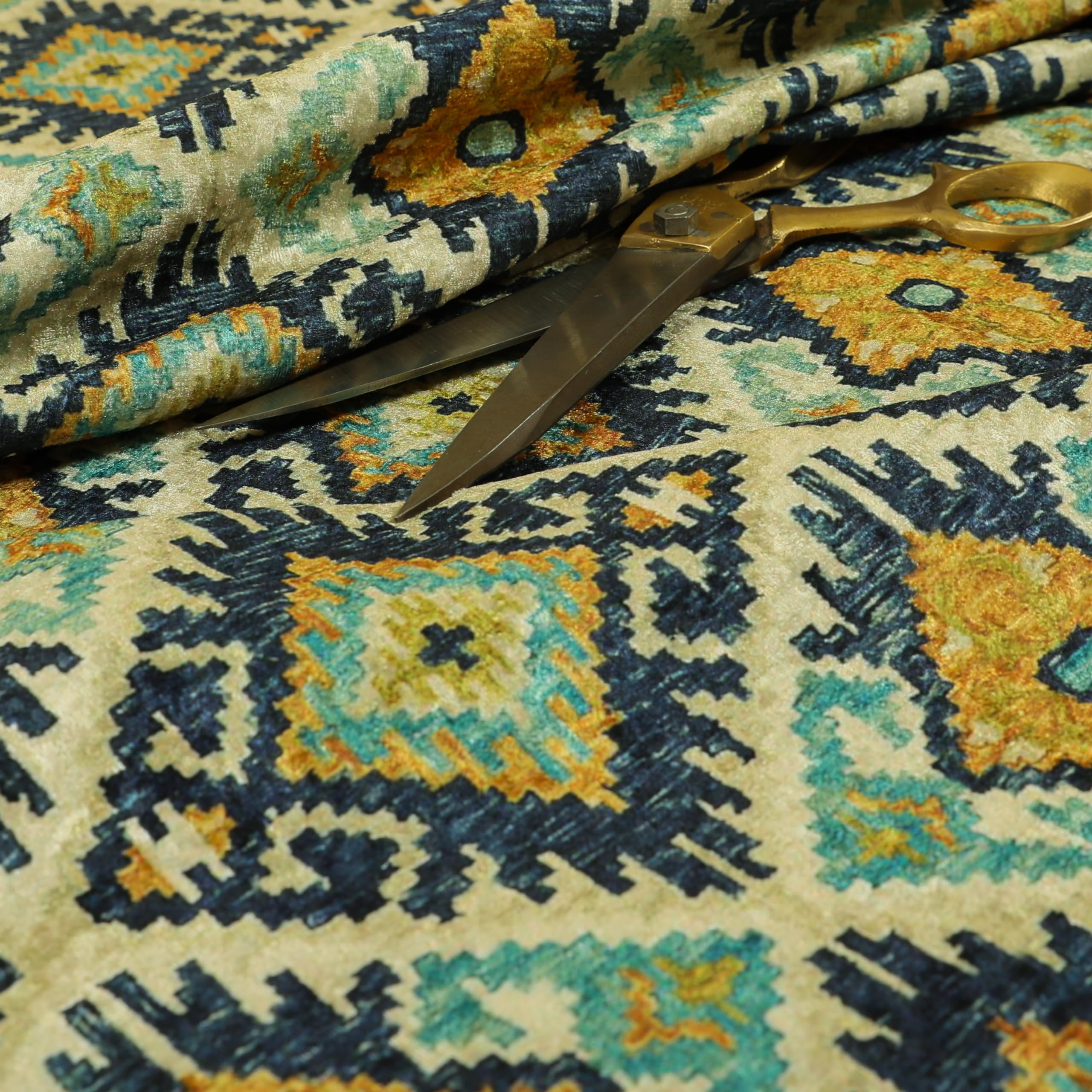 Redbrick Mill Fabrics Flame Retardant Blue Yellow Tribal Kilim Geometric Pattern Shiny Velvet Upholstery Fabrics (1 Metre) โ image 1