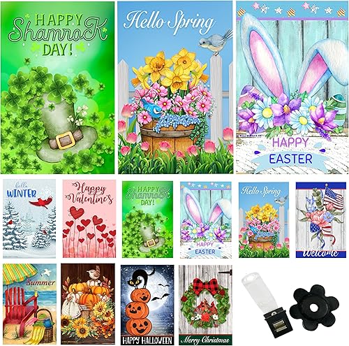 Juego de 10 banderas de jardín estacionales de 12 x 18 pulgadas, banderas de patio de doble cara, bandera de jardín pequeña para exteriores con clip