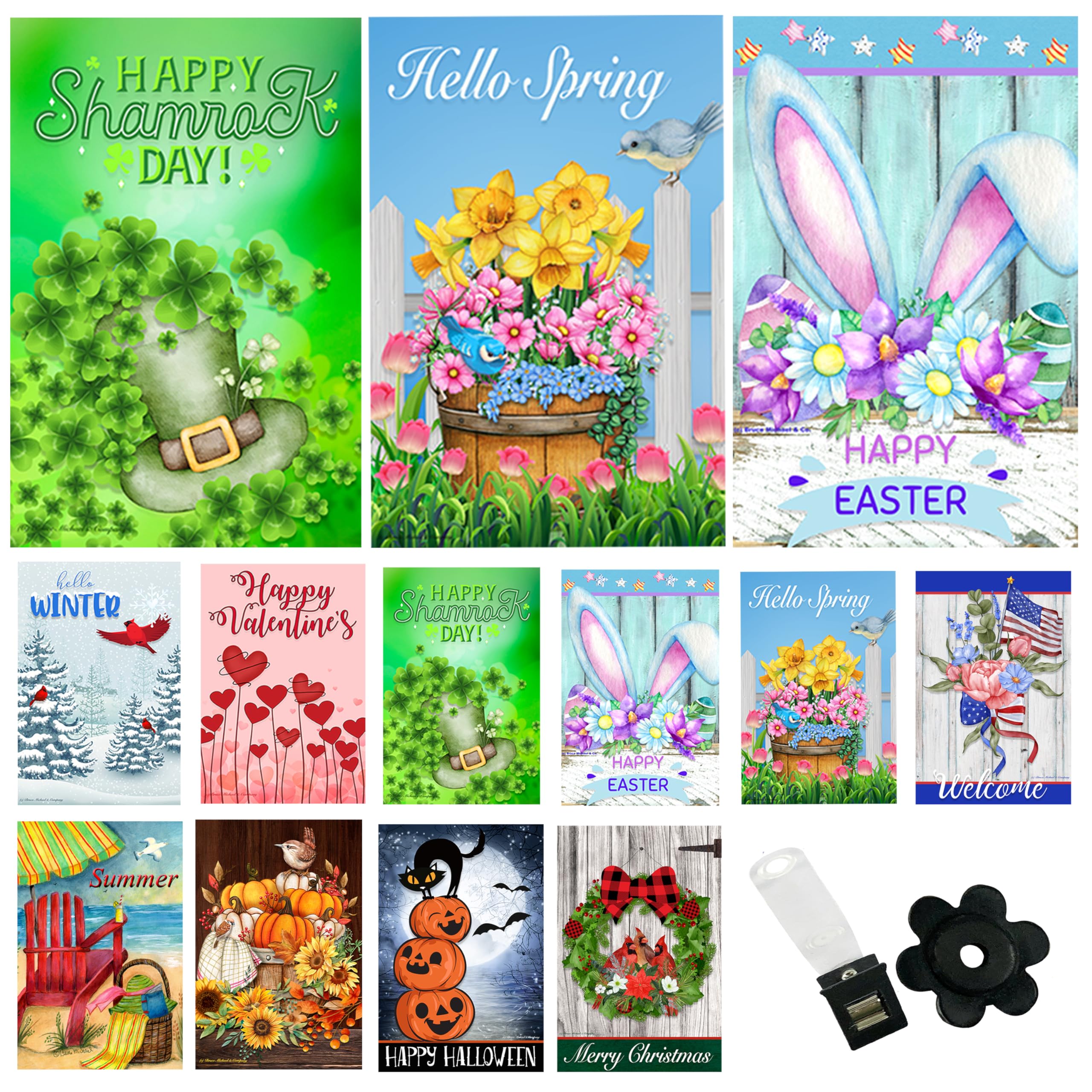 Seasonal Garden Flags Set of 10 12x18 inch Double Sided Yard Flags, Outside Small Garden Flag with Anti-Wind Clip and Stopper, Outdoor Holiday Lawn Decorative Decor