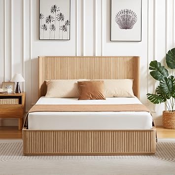 DNYN Fluted Platform Bed with 44" Curved Edge Design Headboard for Bedroom, Modern Minimalist Queen Size Bed Frame with Wooden Slats Support, No Box Spring Needed & Easy Assemble