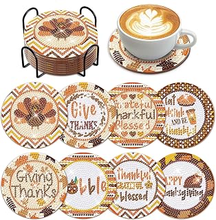 8 Pcs Thanksgiving Day Fall Diamond Coasters Kits with Holder DIY Thanksgiving Day Diamond Art Coaster for Adults Thanksgiving Fall Gift
