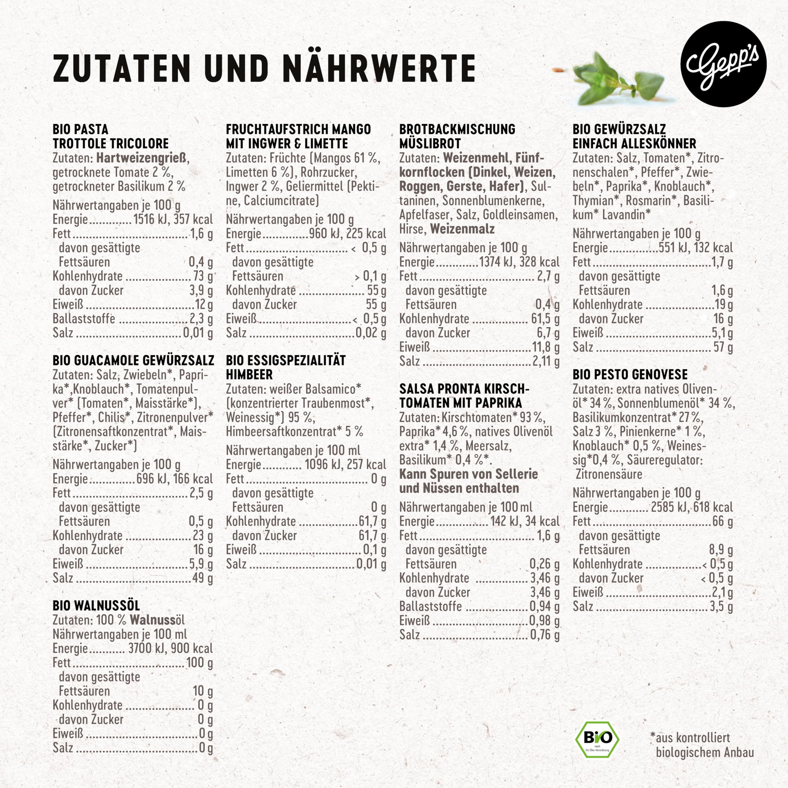 Gepp’s Feinkost Vegan Must-Have Köstliche Variationen an veganen Delikatessen Pasta Bio Pesto Gewürzmischungen Nussöl Aperitif-Essig Fruchtaufstrich