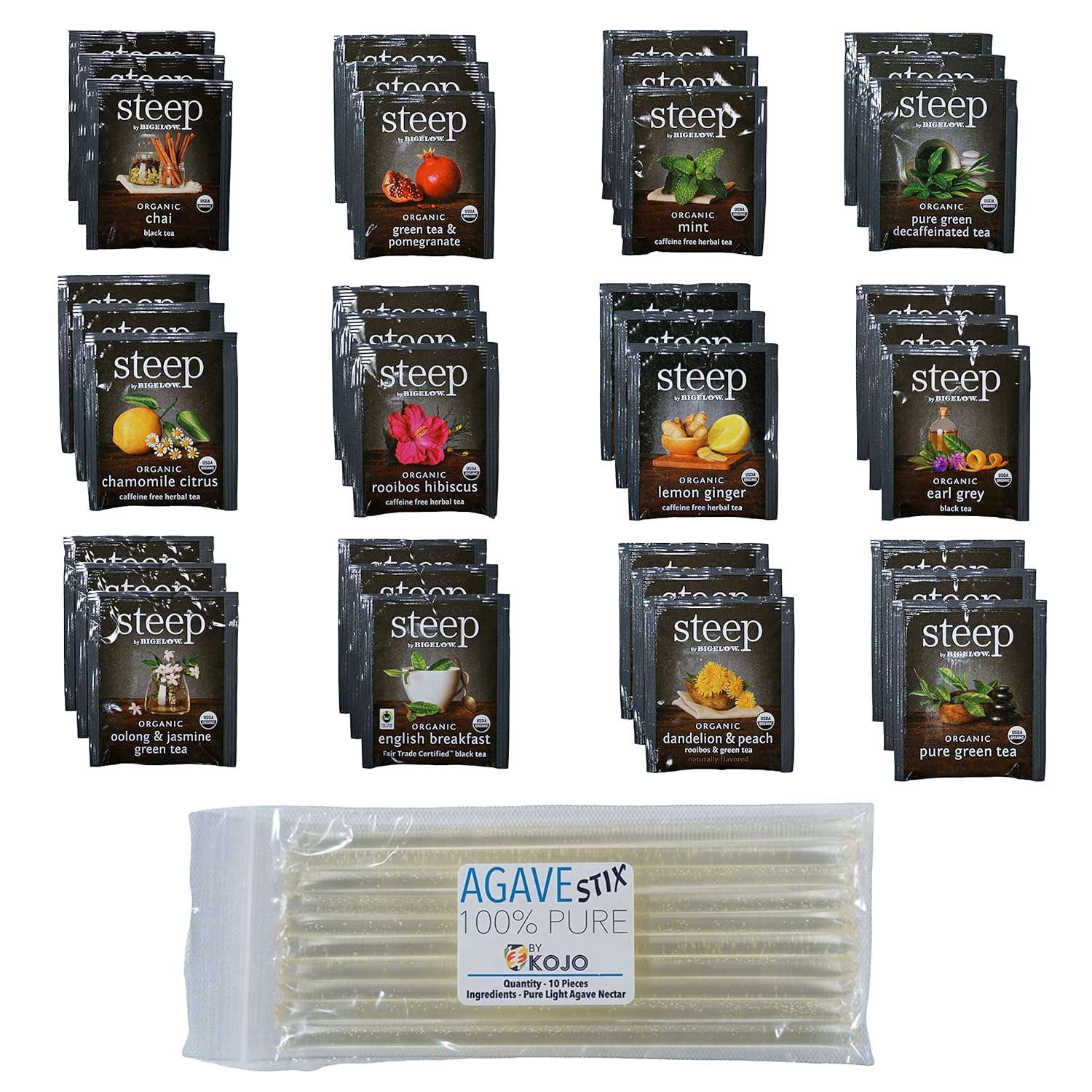 Organic Steep Tea By Bigelow Sampler Pack with Agave