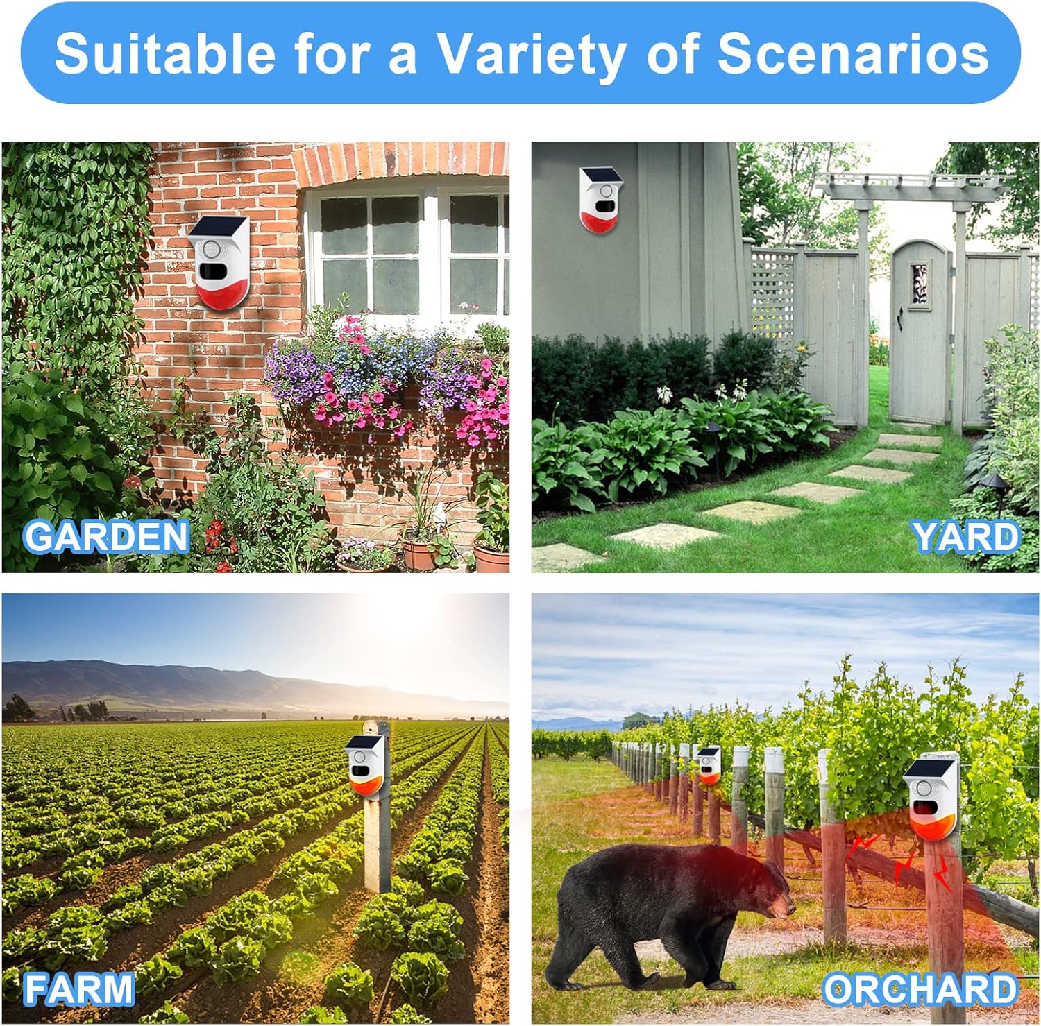 ChunHee Solar Motion Sensor Alarm Outdoor,Adjustable Motion Detector Alarm,129dB Sound Security Siren Light IP67 Waterproof Strobe Light for Home,Farm,Barn,Villa,Yard(4 Pack)