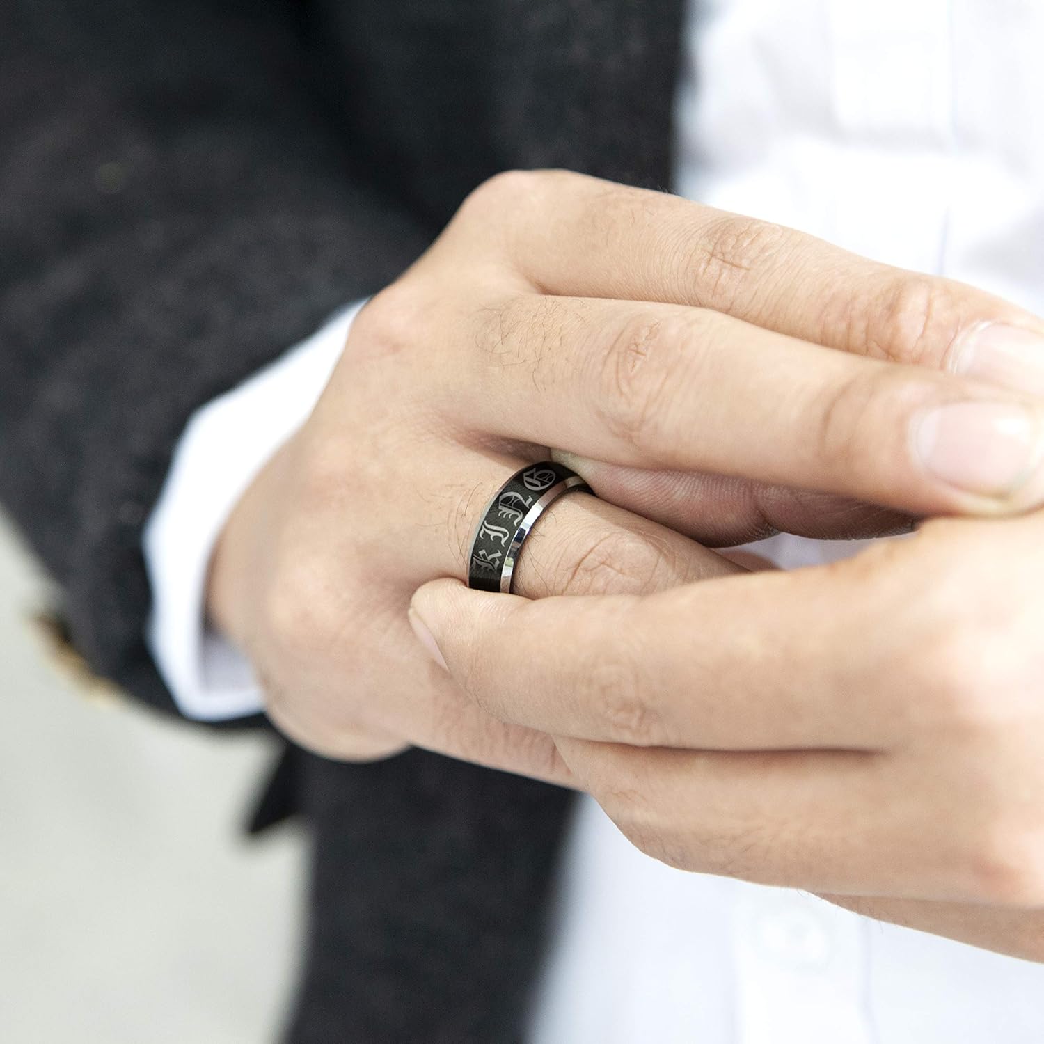 LerchPhi 8MM Black Tungsten Rings for Men, Polished Black Mens Rings with Silver Beveled Edge Mens Wedding Band - Image 3