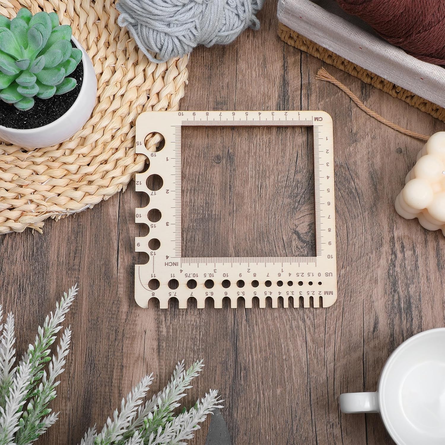 XLIUAX Wooden Rulers, Crochet Stitch Counter Spinner Yarn Measure Needle Gauge Swatch Ruler for Knitting Crochet Gauge Measuring Tool Poplar Square Measuring Tool Multi-Size Holes for Needles(A)