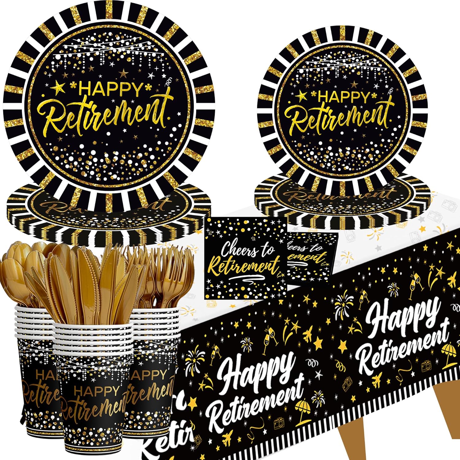 Happy Retirement Party Decorations Supplies (Total 169pcs) Black Gold Retirement Plates and