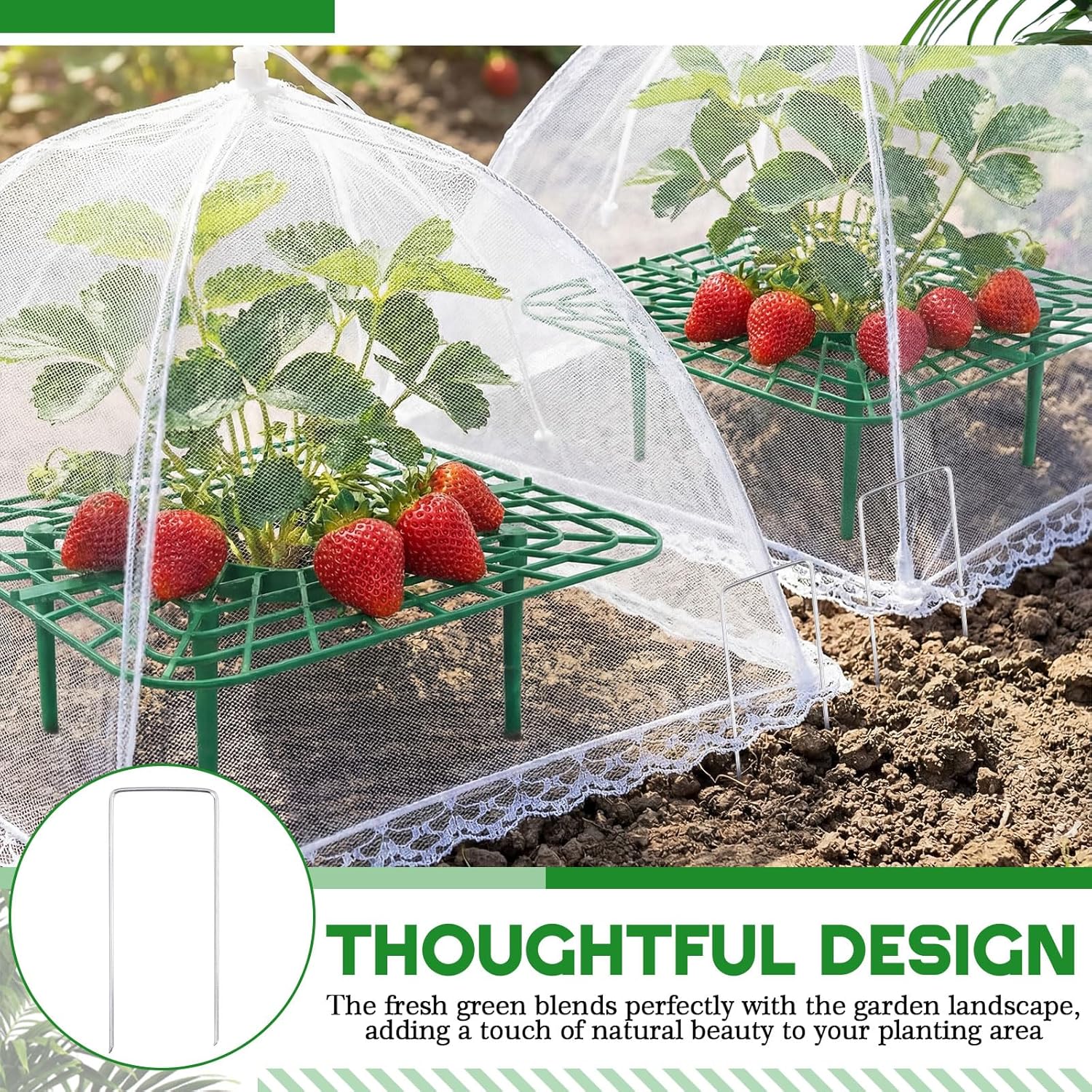 12 Sets Square Strawberry Plant Support with Mesh Plant Cover, Strawberry Growing Kit with Iron Nails for Garden Vegetables Keep Berries Clean