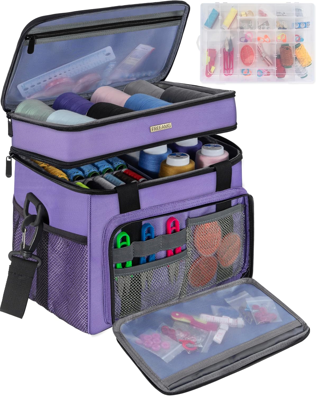 Sewing Storage Bag with Removable Tray Large Capacity Sewing Aaccessories Organizer Travel Sewing Case with Shoulder Strap Double-Layer Sewing Organizer Bag Purple (Bag Only)