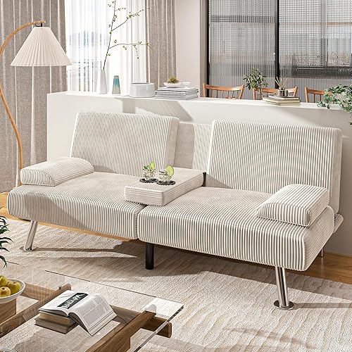Miniatura 9 de Shahoo - Sofá futón convertible plegable tapizado en lino moderno, con reposabrazos removibles, patas de metal, 2 portavasos para sala de estar,