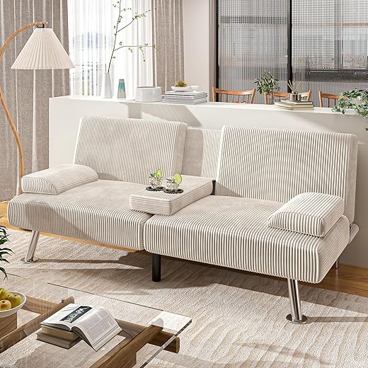 Shahoo Modern Linen Upholstered Convertible Folding Futon Sofa Bed with Removable Armrests, Metal Legs, 2 Cup Holders for Living Room, Black